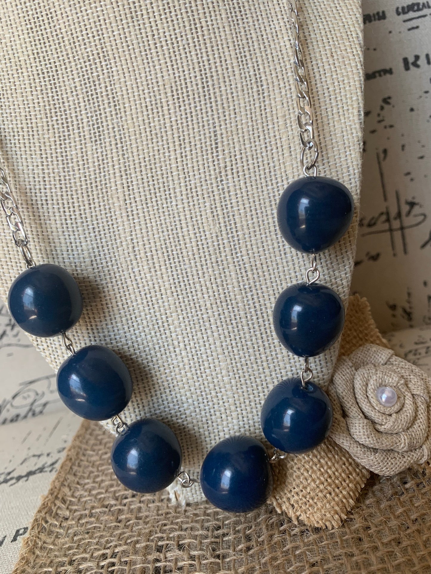 Navy blue Tagua necklace with silver chain Bubblegum bead necklace Anniversary gift for wife Beach trendy fashion Statement bib collar
