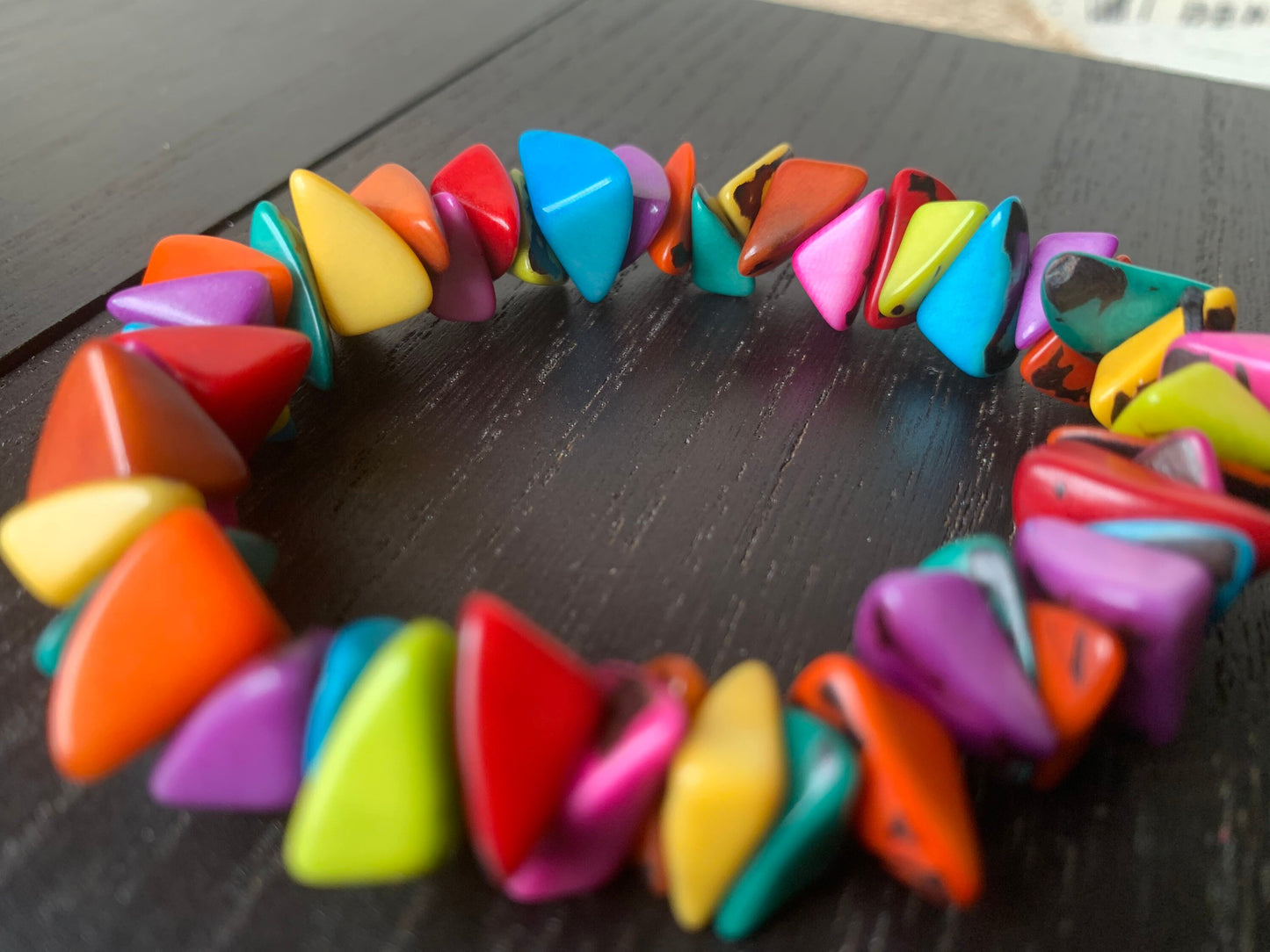 Rainbow beaded bracelet Tagua nut jewelry Gifts from Colombia Pride bangle Summer fashion trends Spring style Organic Fun unusual bracelet