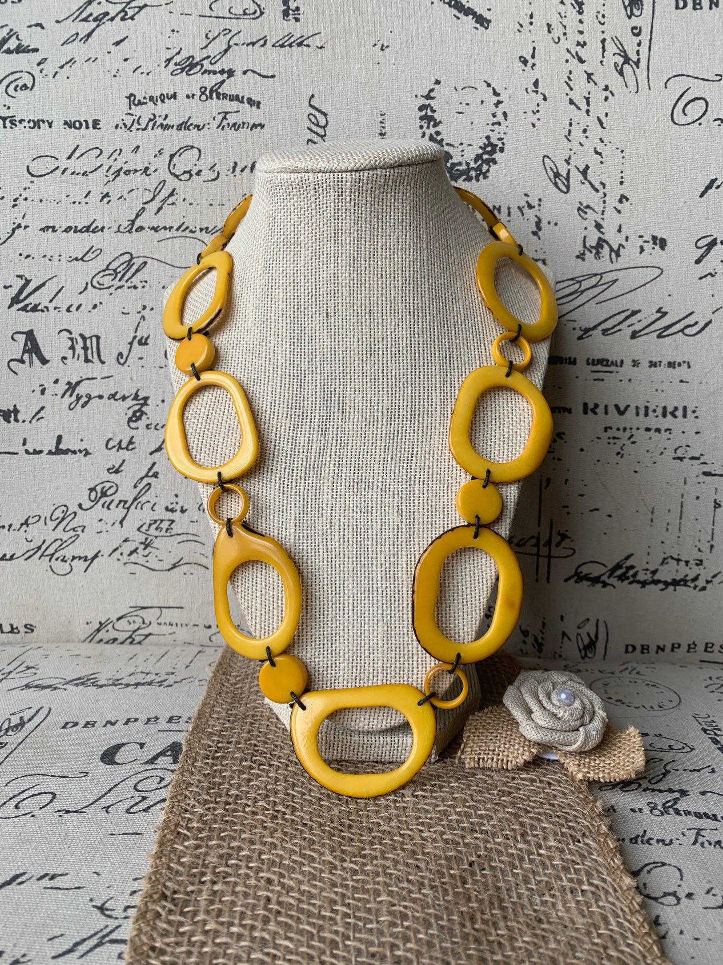Yellow tagua necklace Statement geometric jewelry Handmade donut shape beads Fall fashion trends Boho mod adjustable collar For wedding