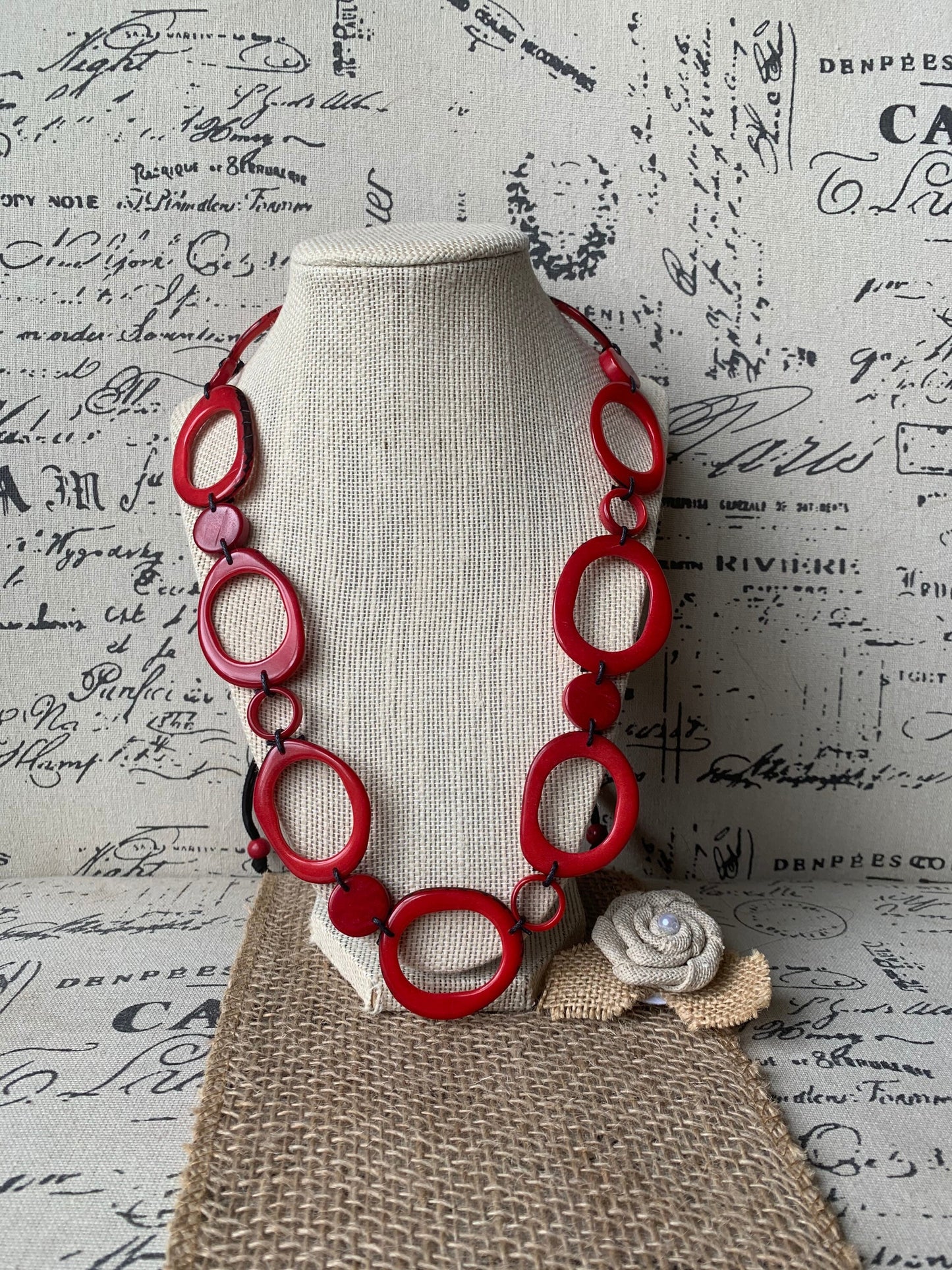 Red tagua necklace Statement geometric jewelry Handmade donut shape beads Boho mod adjustable collar Christmas gifts for wife For Holidays