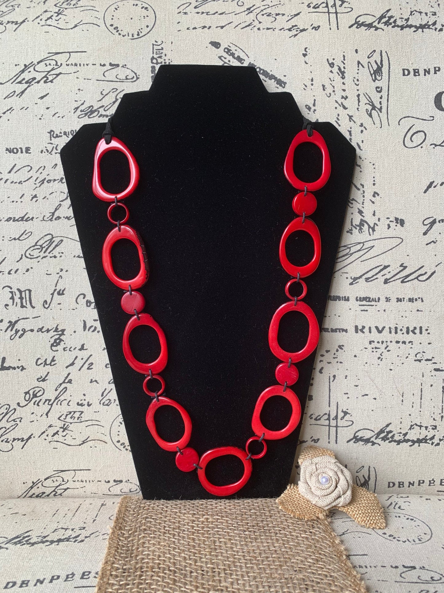 Red tagua necklace Statement geometric jewelry Handmade donut shape beads Boho mod adjustable collar Christmas gifts for wife For Holidays