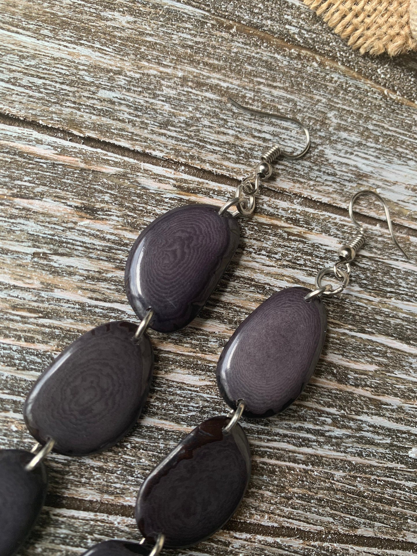 Dark gray statement earrings Extra long tagua earrings beaded Spring fashion jewelry Casual trendy drops Boho mod styleBeach trends