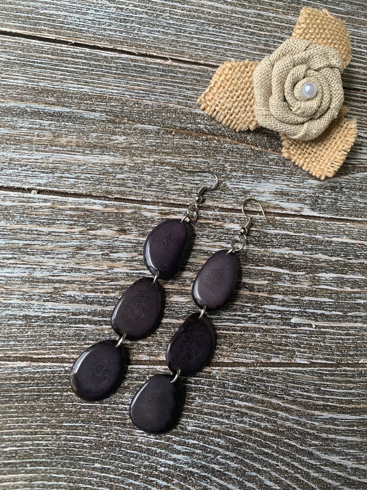 Dark gray statement earrings Extra long tagua earrings beaded Spring fashion jewelry Casual trendy drops Boho mod styleBeach trends