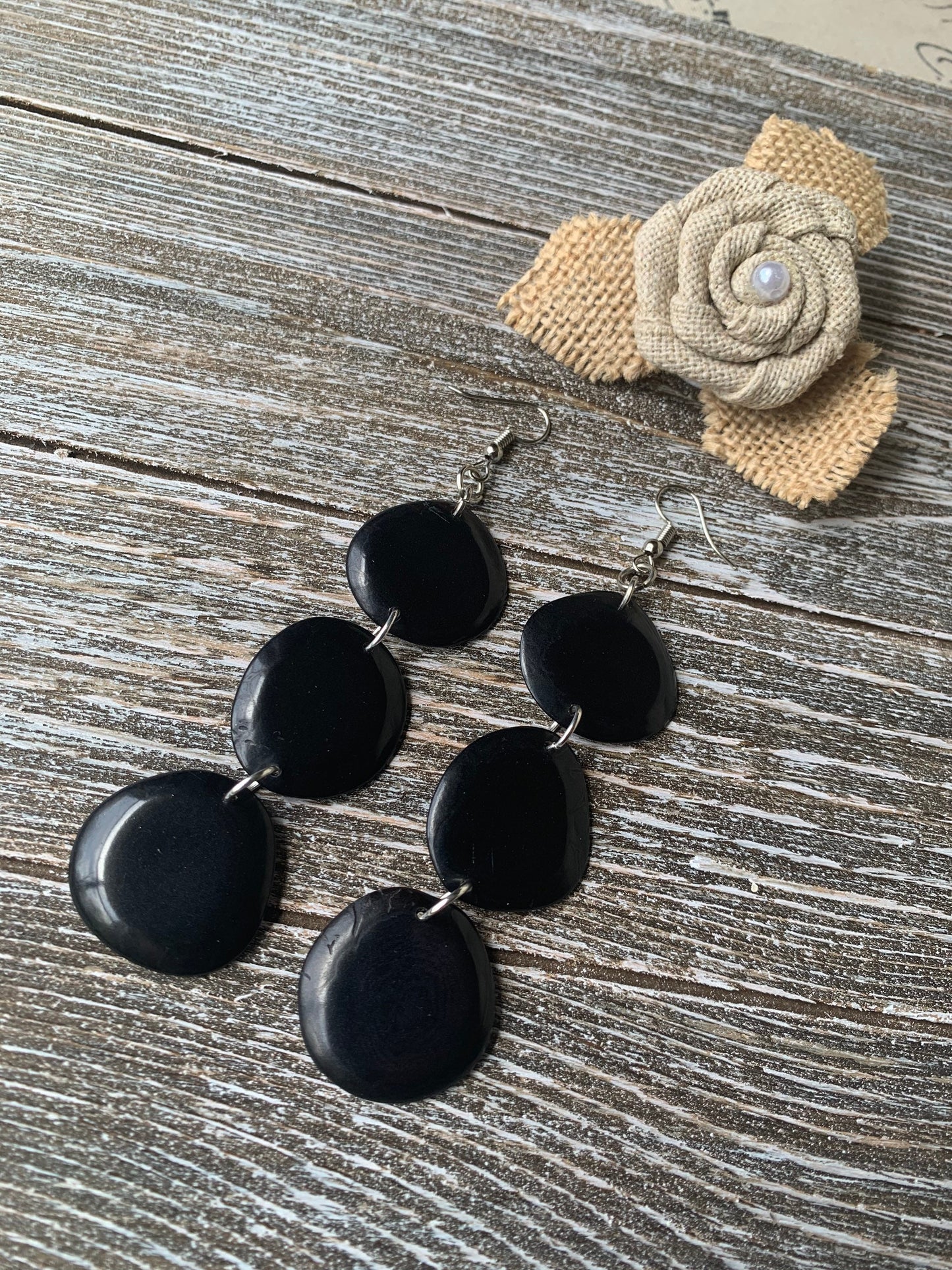 Black extra long statement earrings Tagua earrings beaded Fall fashion Casual trendy drops Boho mod style Artisan handmade Lightweight