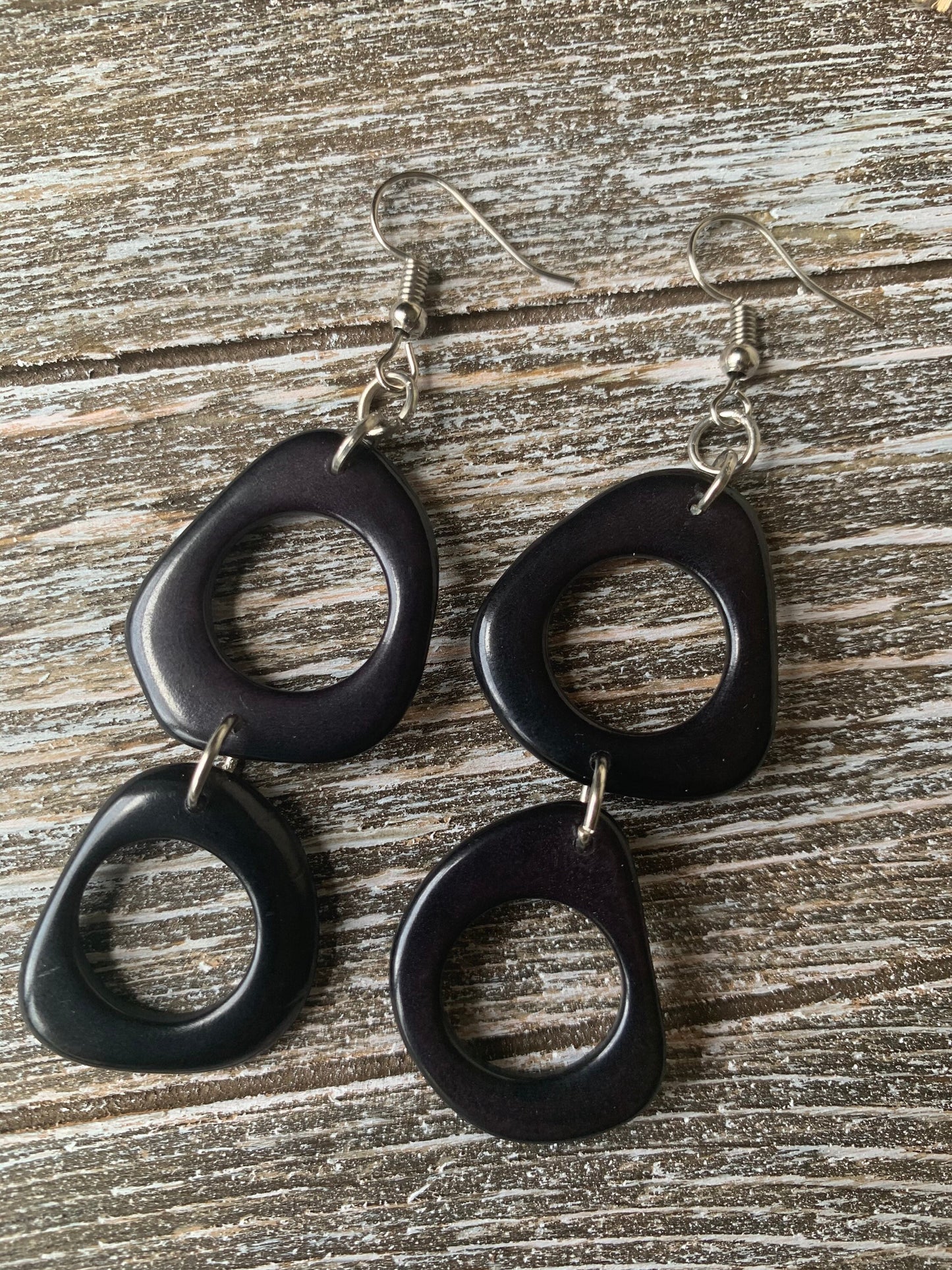 Black extra long dangle earrings Tagua fashion jewelry Statement drops For beach outfit Boho mod hoop Artisan handmade Fall fashion trends