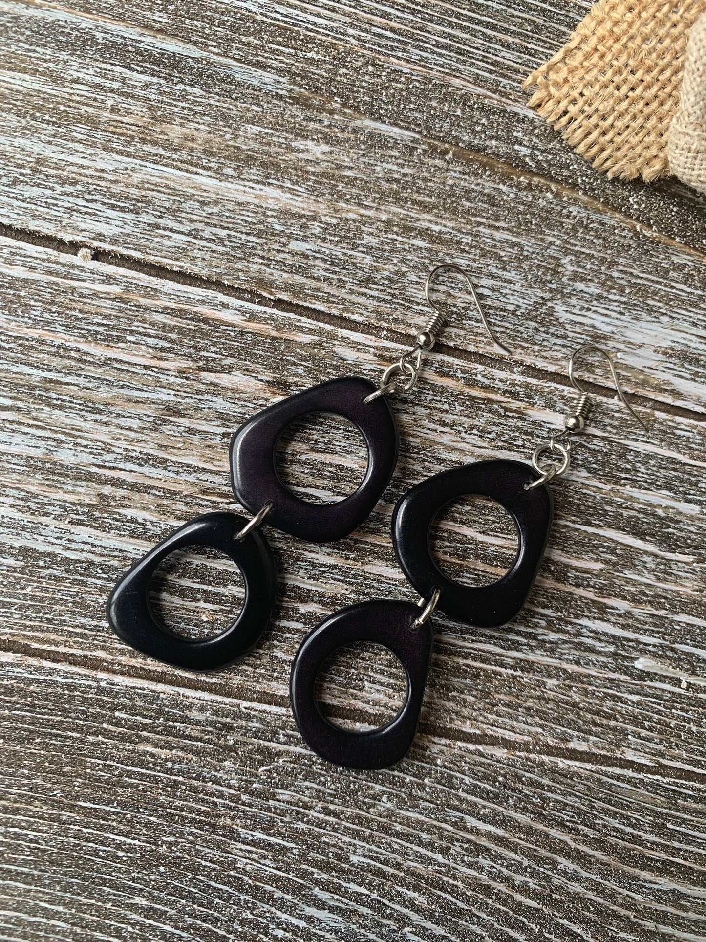 Black extra long dangle earrings Tagua fashion jewelry Statement drops For beach outfit Boho mod hoop Artisan handmade Fall fashion trends