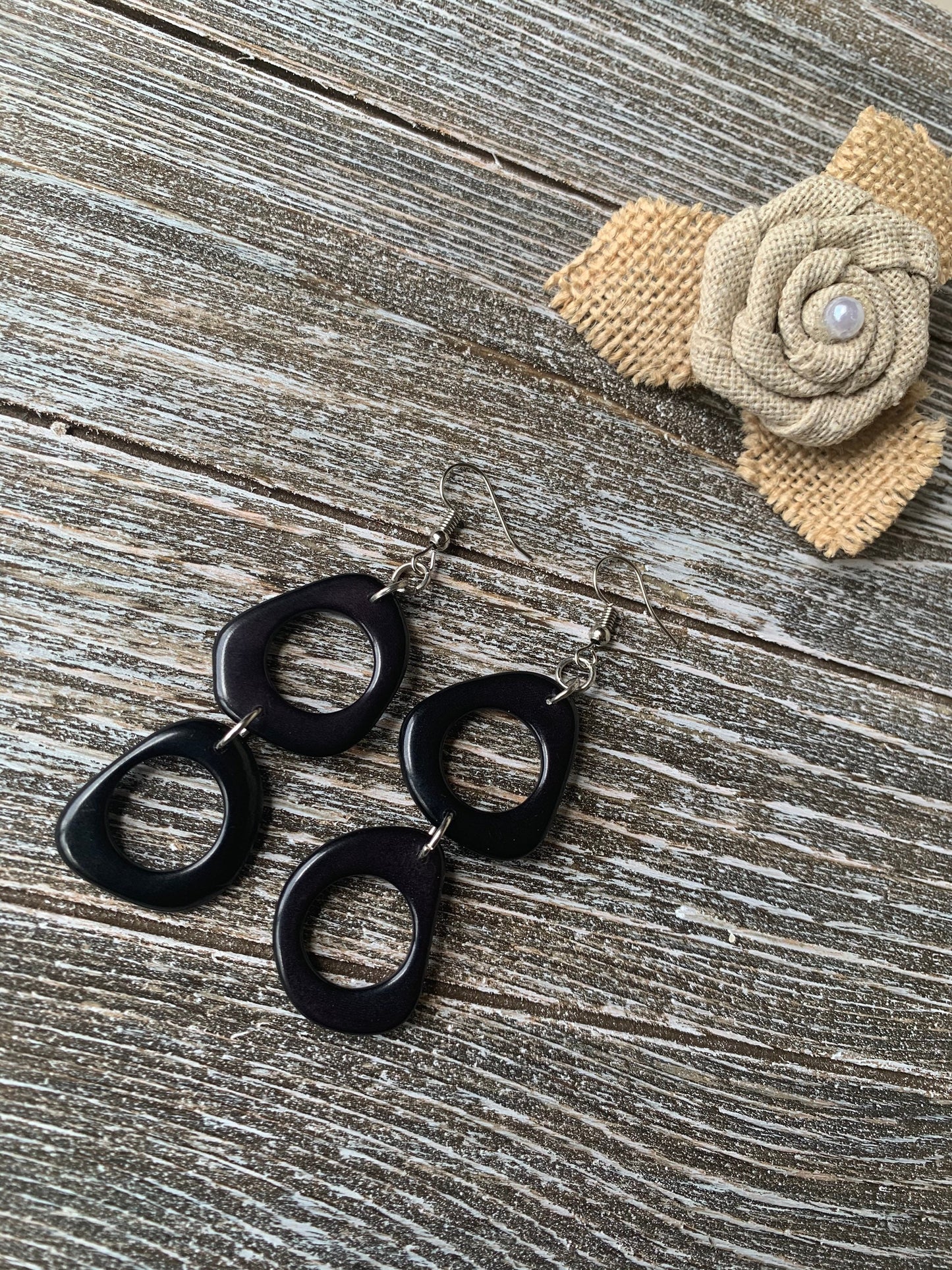 Black extra long dangle earrings Tagua fashion jewelry Statement drops For beach outfit Boho mod hoop Artisan handmade Fall fashion trends