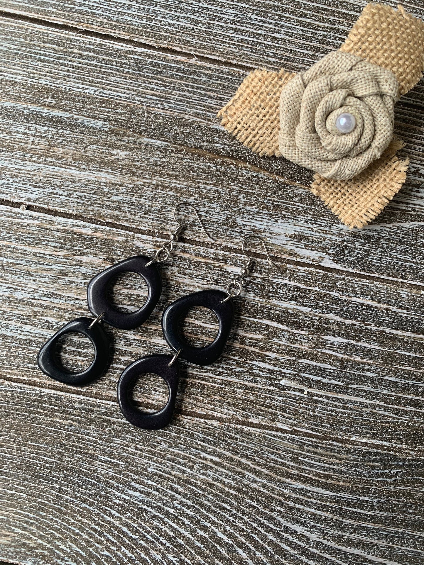 Black extra long dangle earrings Tagua fashion jewelry Statement drops For beach outfit Boho mod hoop Artisan handmade Fall fashion trends