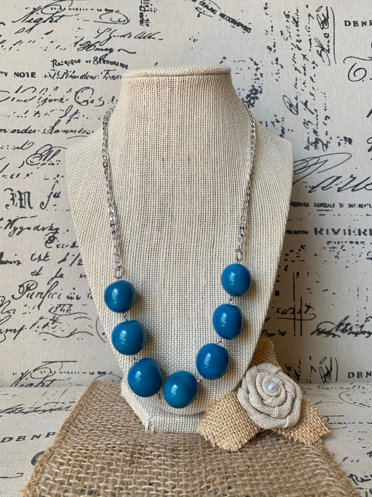 Turquoise blue Tagua necklace with silver chain Bubblegum bead necklace Anniversary gift for wife Fall trendy fashion Artisan handmade