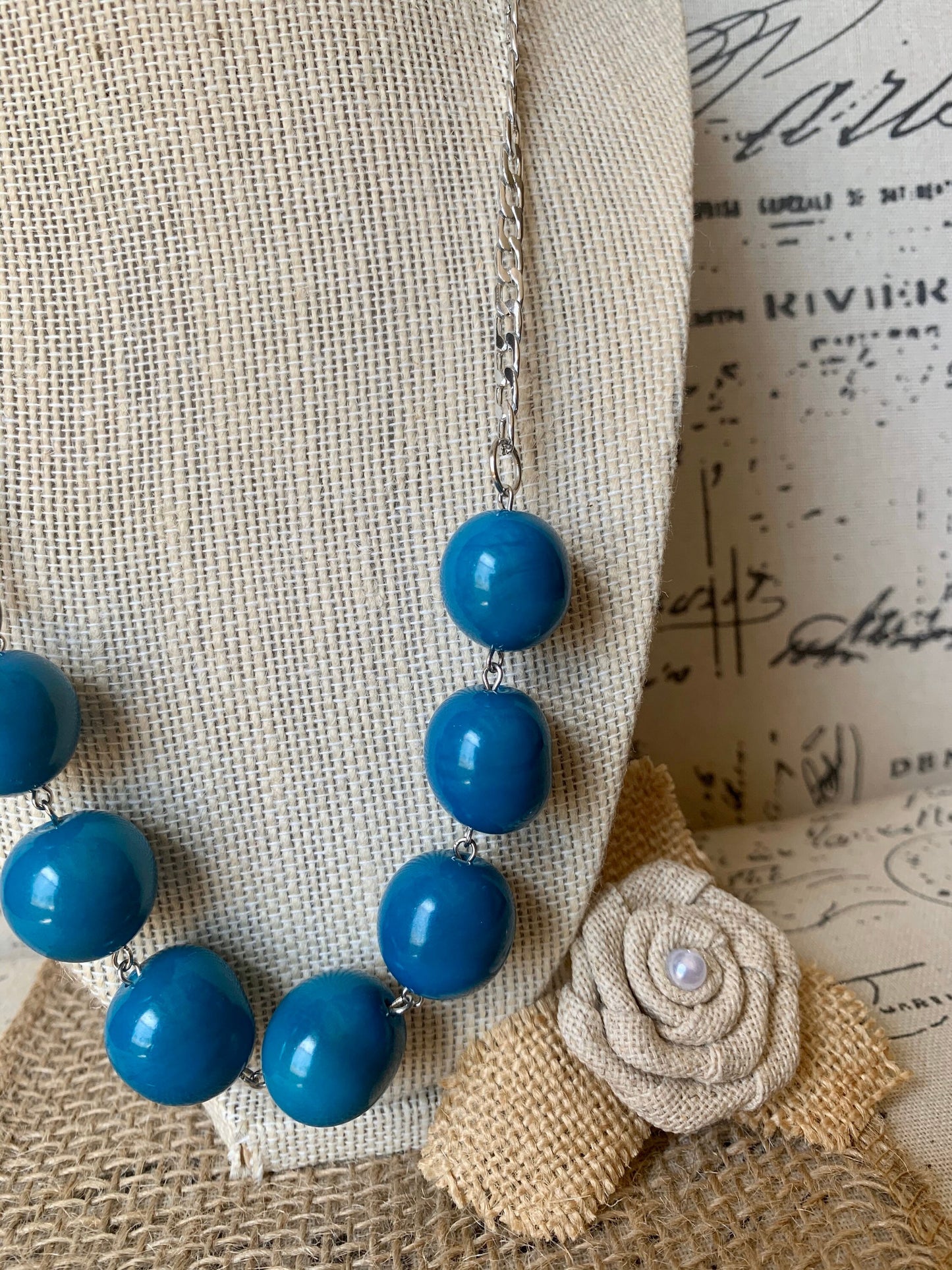 Turquoise blue Tagua necklace with silver chain Bubblegum bead necklace Anniversary gift for wife Fall trendy fashion Artisan handmade