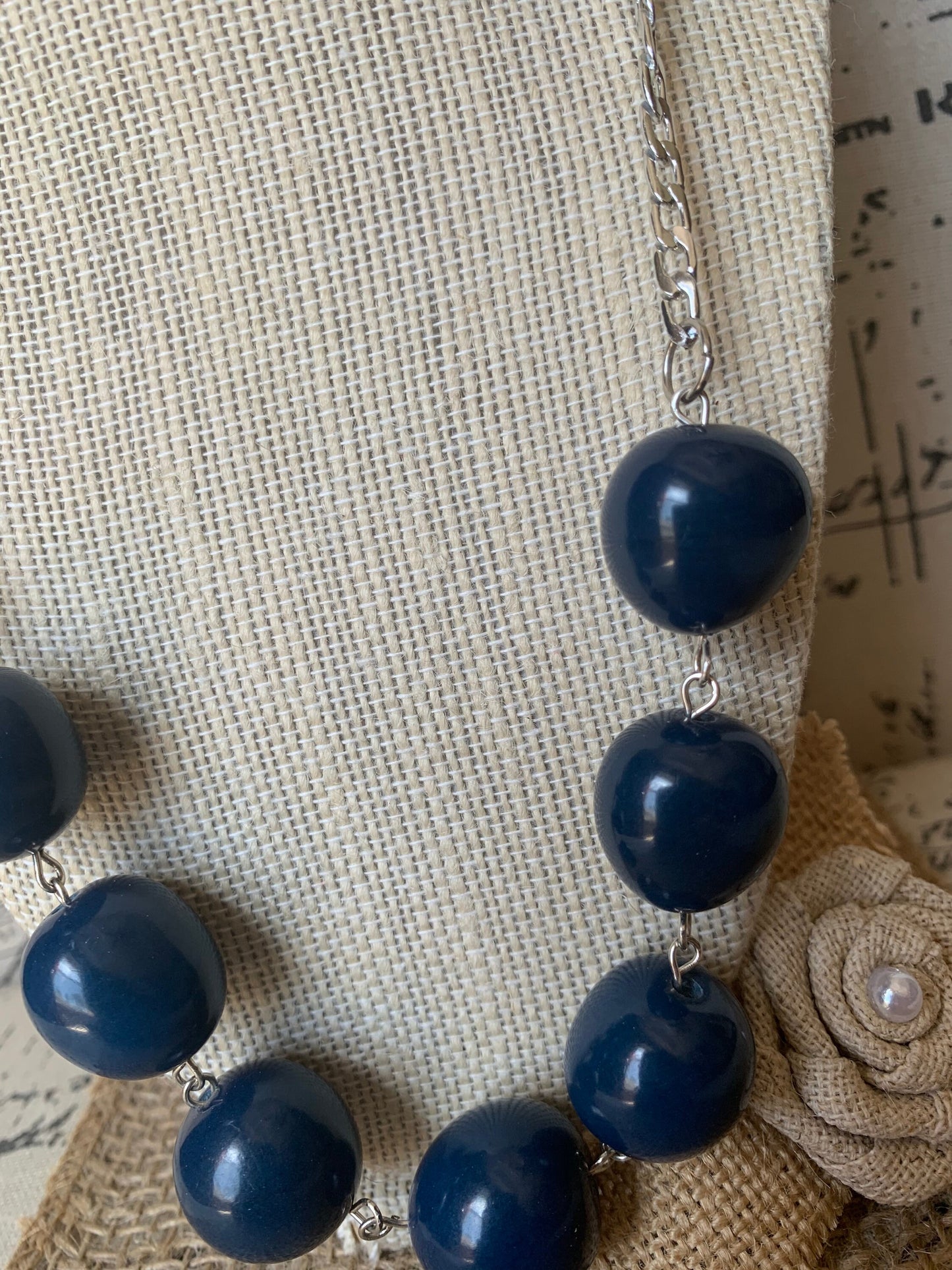 Navy blue Tagua necklace with silver chain Bubblegum bead necklace Anniversary gift for wife Beach trendy fashion Statement bib collar