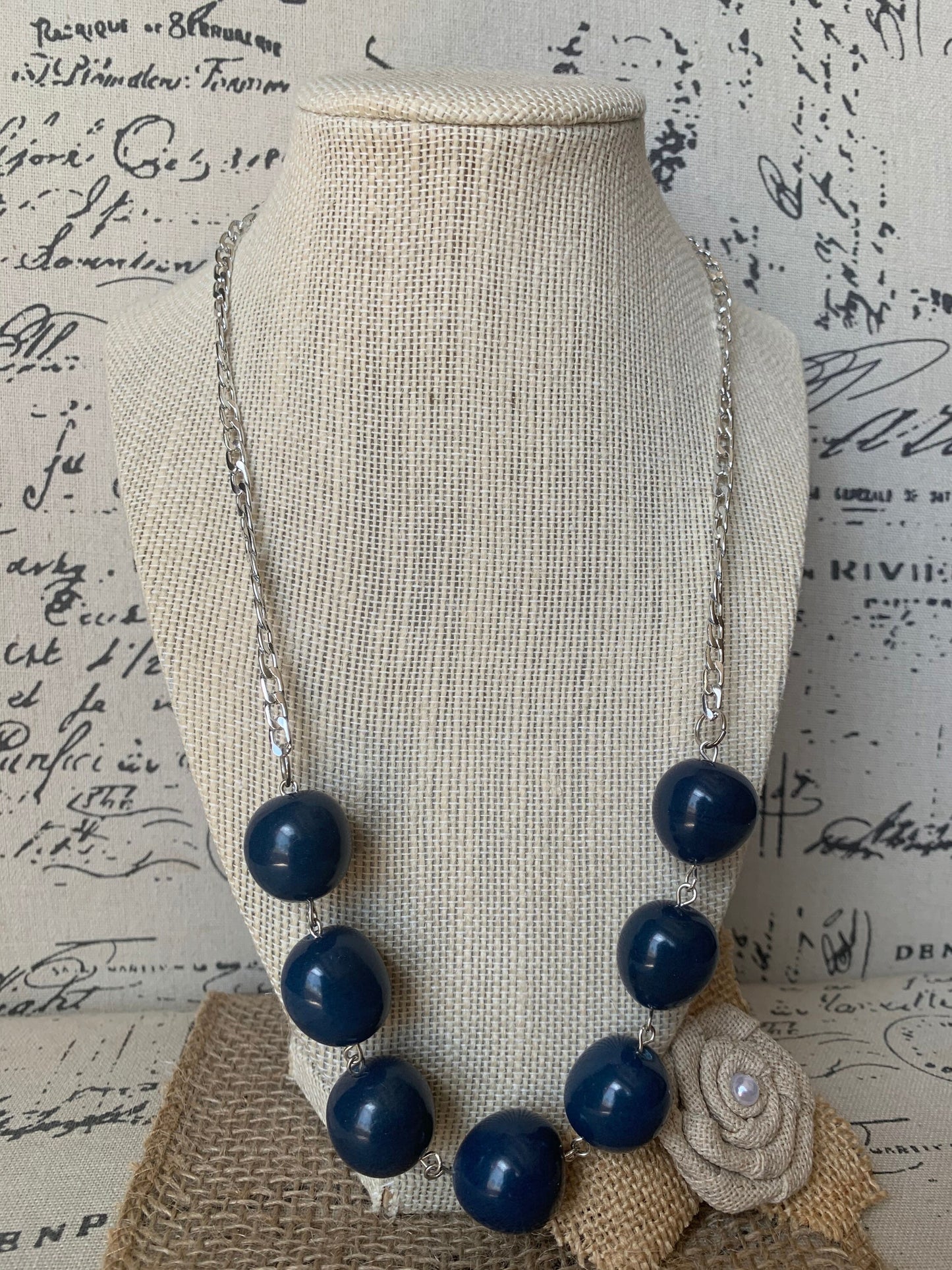 Navy blue Tagua necklace with silver chain Bubblegum bead necklace Anniversary gift for wife Beach trendy fashion Statement bib collar