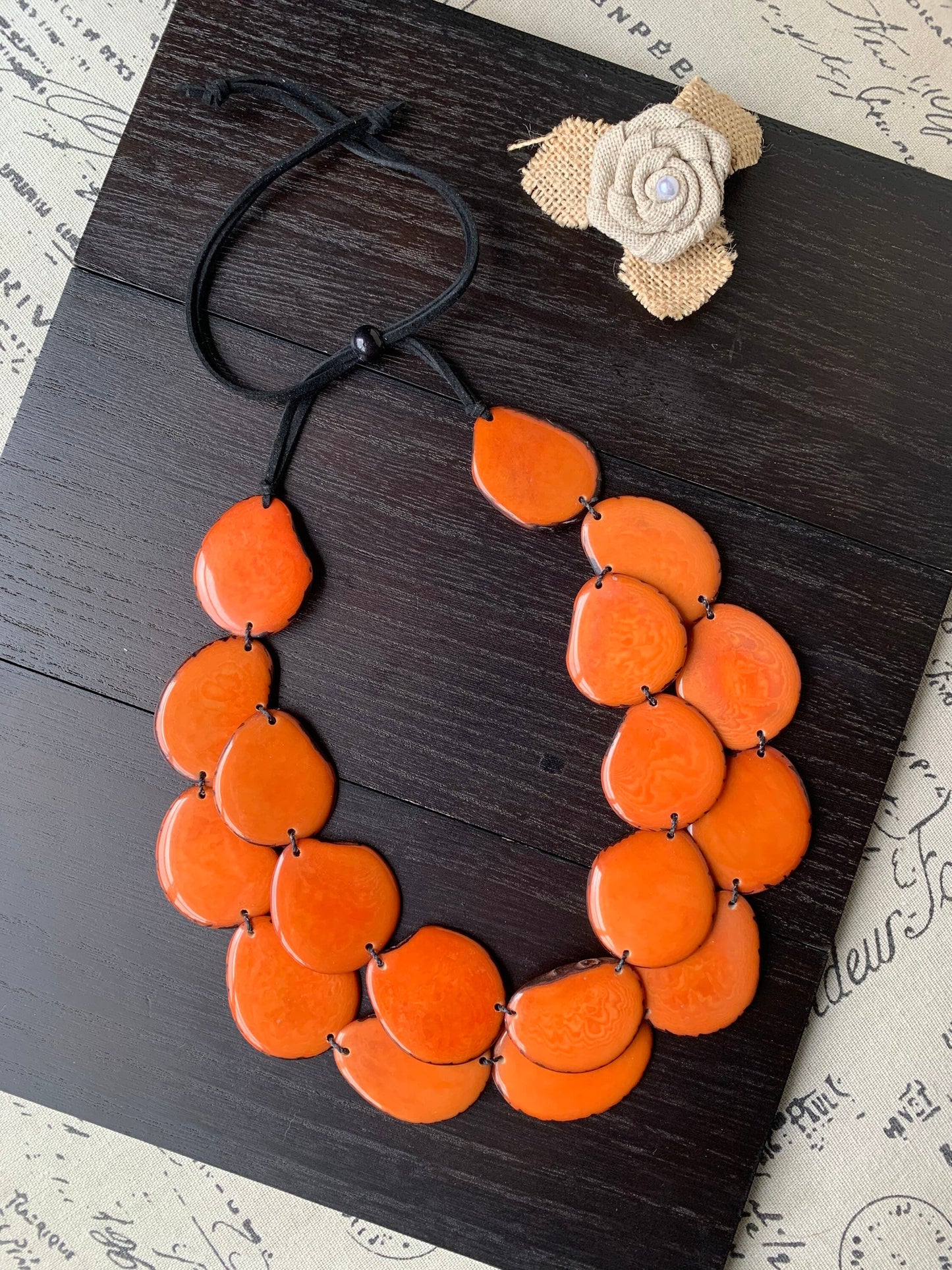 Orange statement necklace Tagua jewelry Double layer bib Big bold chunky necklace Leather collar 2 two strand necklace Wife anniversary gift