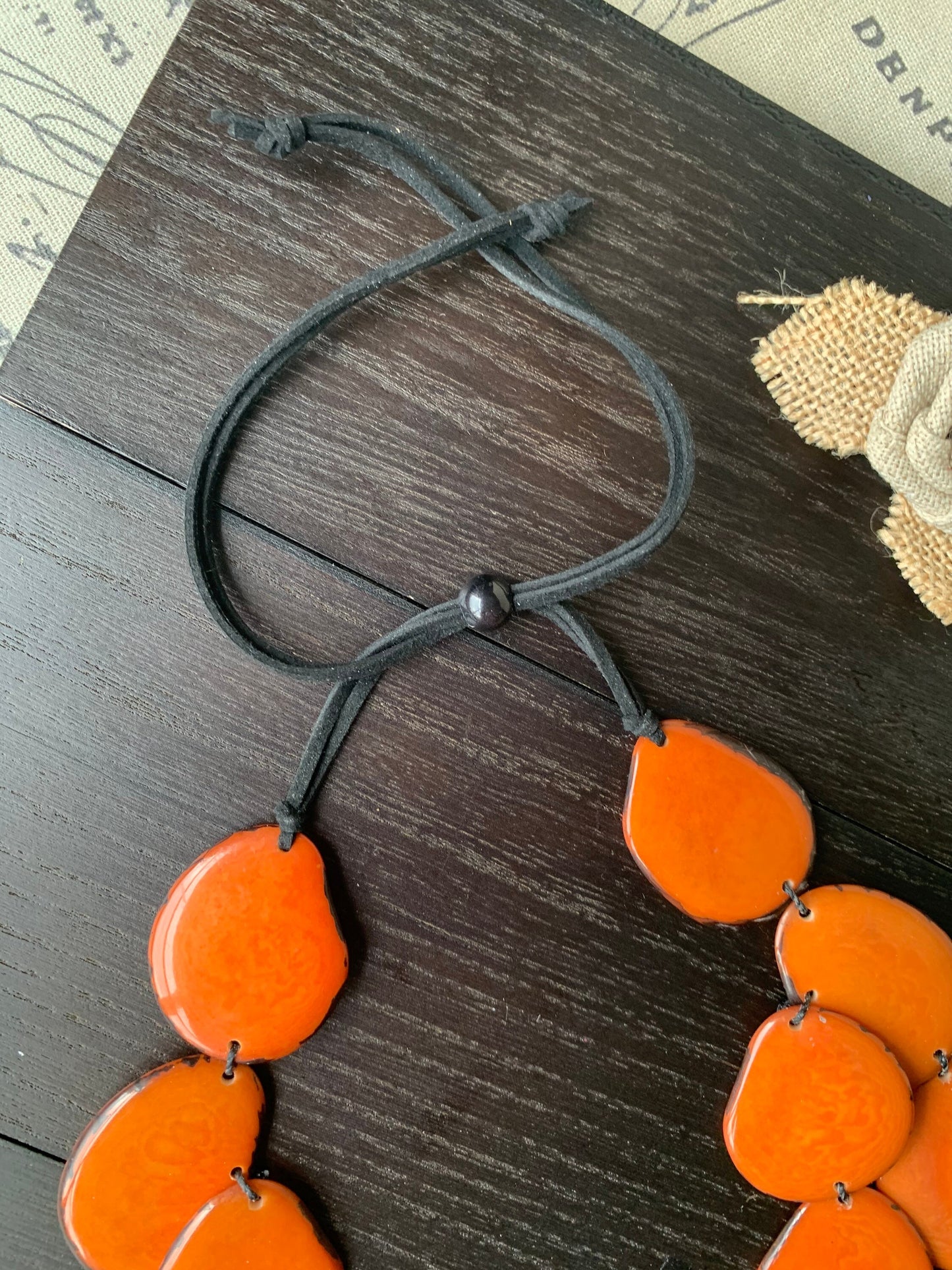 Orange statement necklace Tagua jewelry Double layer bib Big bold chunky necklace Leather collar 2 two strand necklace Wife anniversary gift