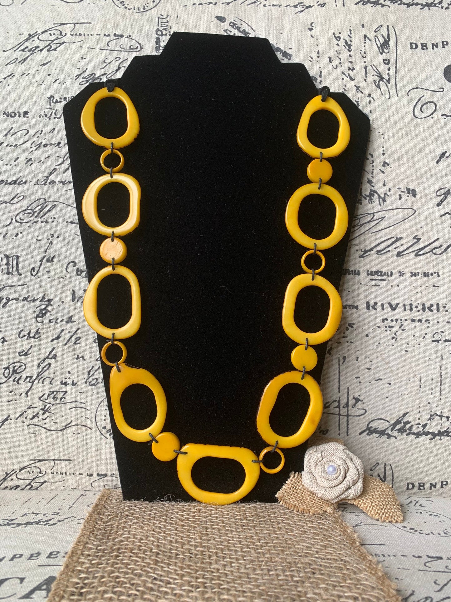 Yellow tagua necklace Statement geometric jewelry Handmade donut shape beads Fall fashion trends Boho mod adjustable collar For wedding