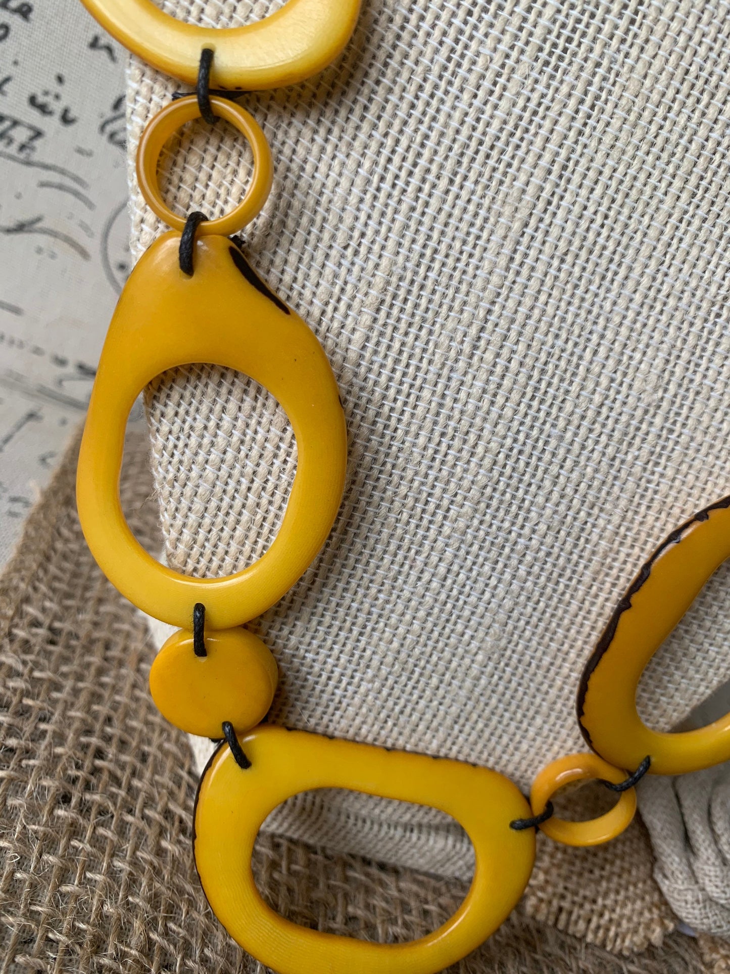 Yellow tagua necklace Statement geometric jewelry Handmade donut shape beads Fall fashion trends Boho mod adjustable collar For wedding