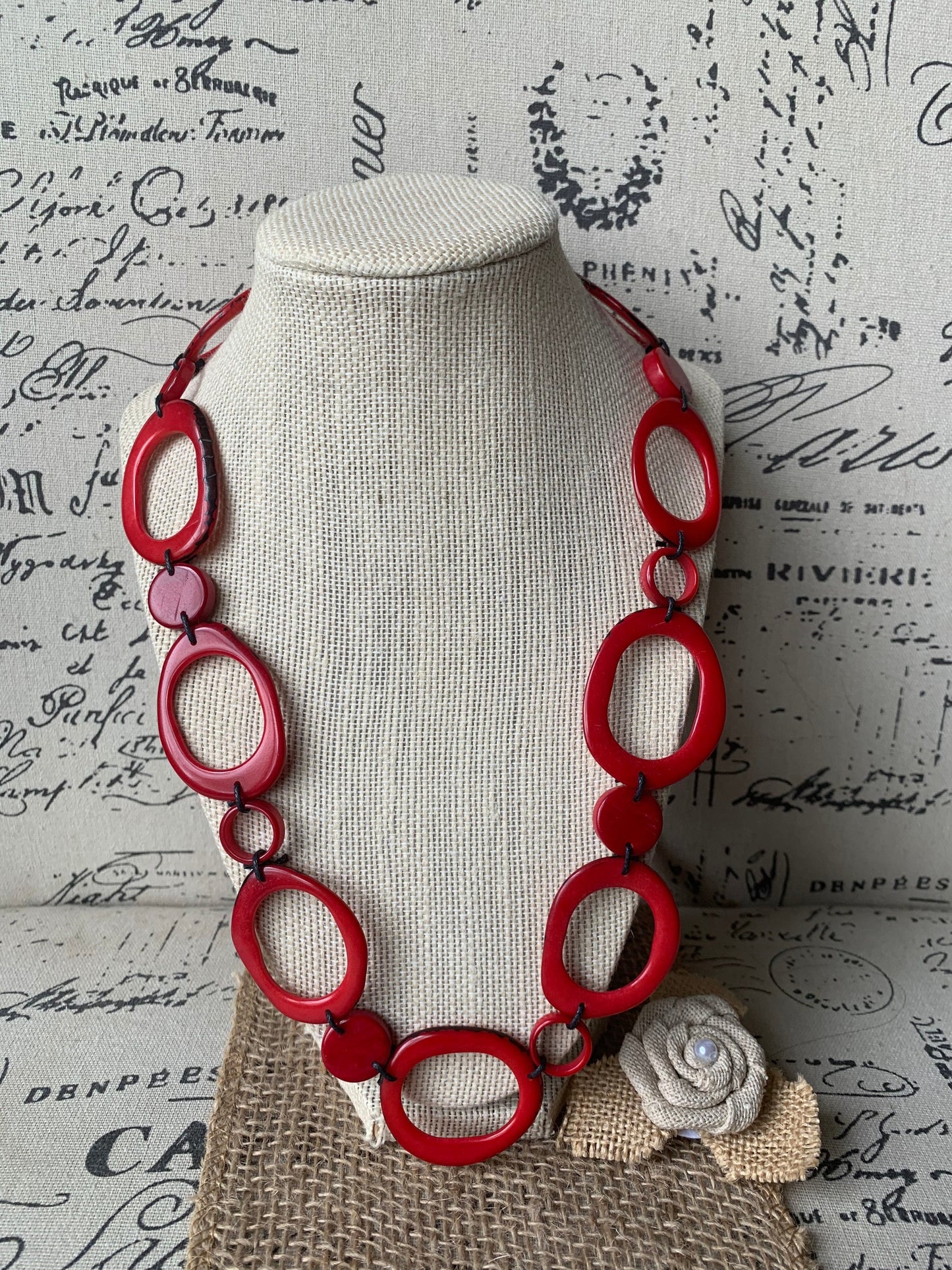 Red tagua necklace Statement geometric jewelry Handmade donut shape beads Boho mod adjustable collar Christmas gifts for wife For Holidays