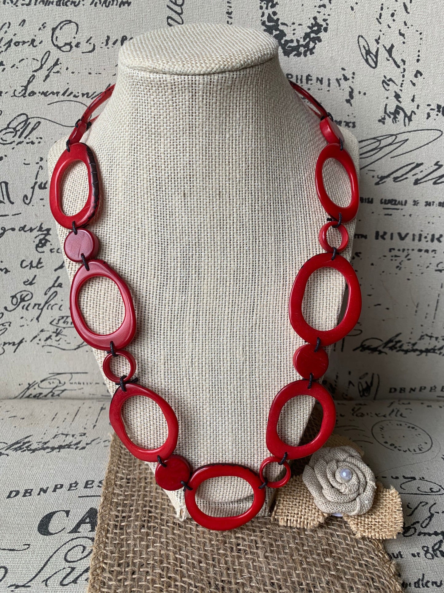 Red tagua necklace Statement geometric jewelry Handmade donut shape beads Boho mod adjustable collar Christmas gifts for wife For Holidays