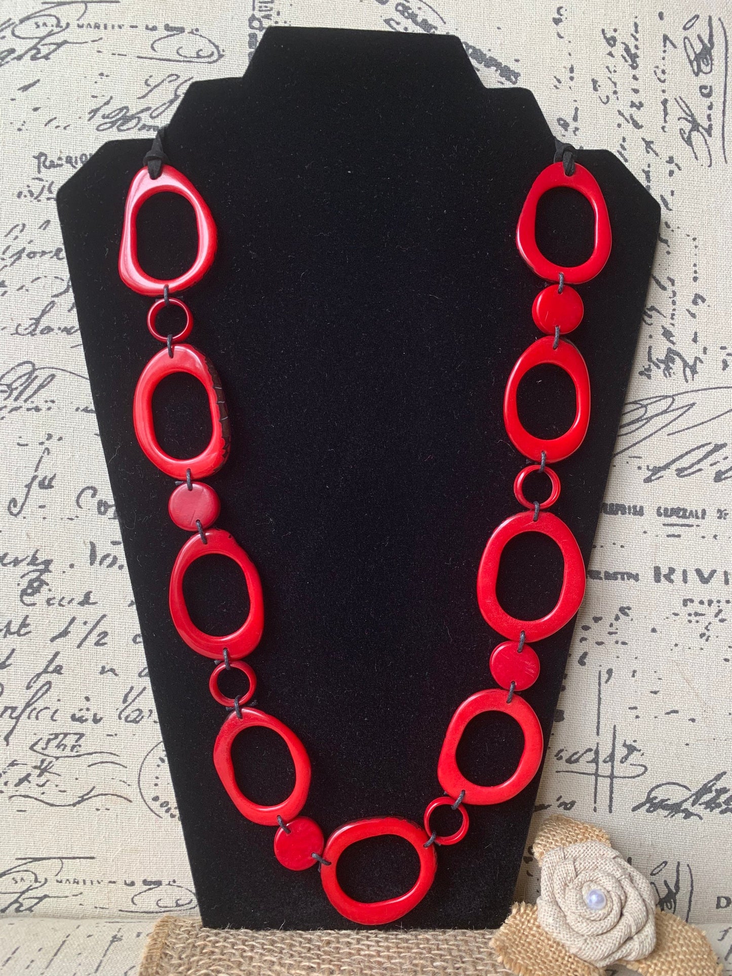 Red tagua necklace Statement geometric jewelry Handmade donut shape beads Boho mod adjustable collar Christmas gifts for wife For Holidays
