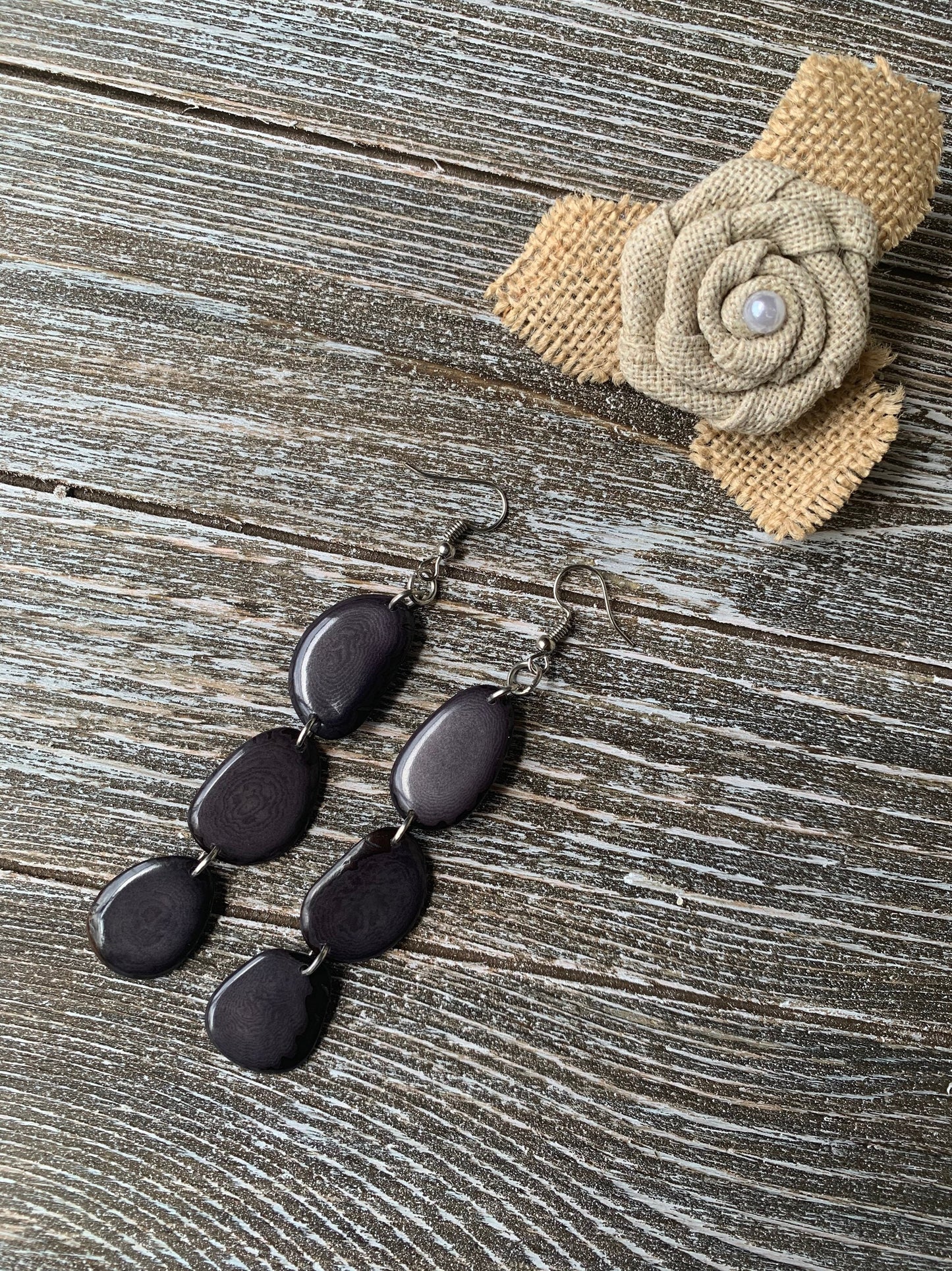 Dark gray statement earrings Extra long tagua earrings beaded Spring fashion jewelry Casual trendy drops Boho mod styleBeach trends