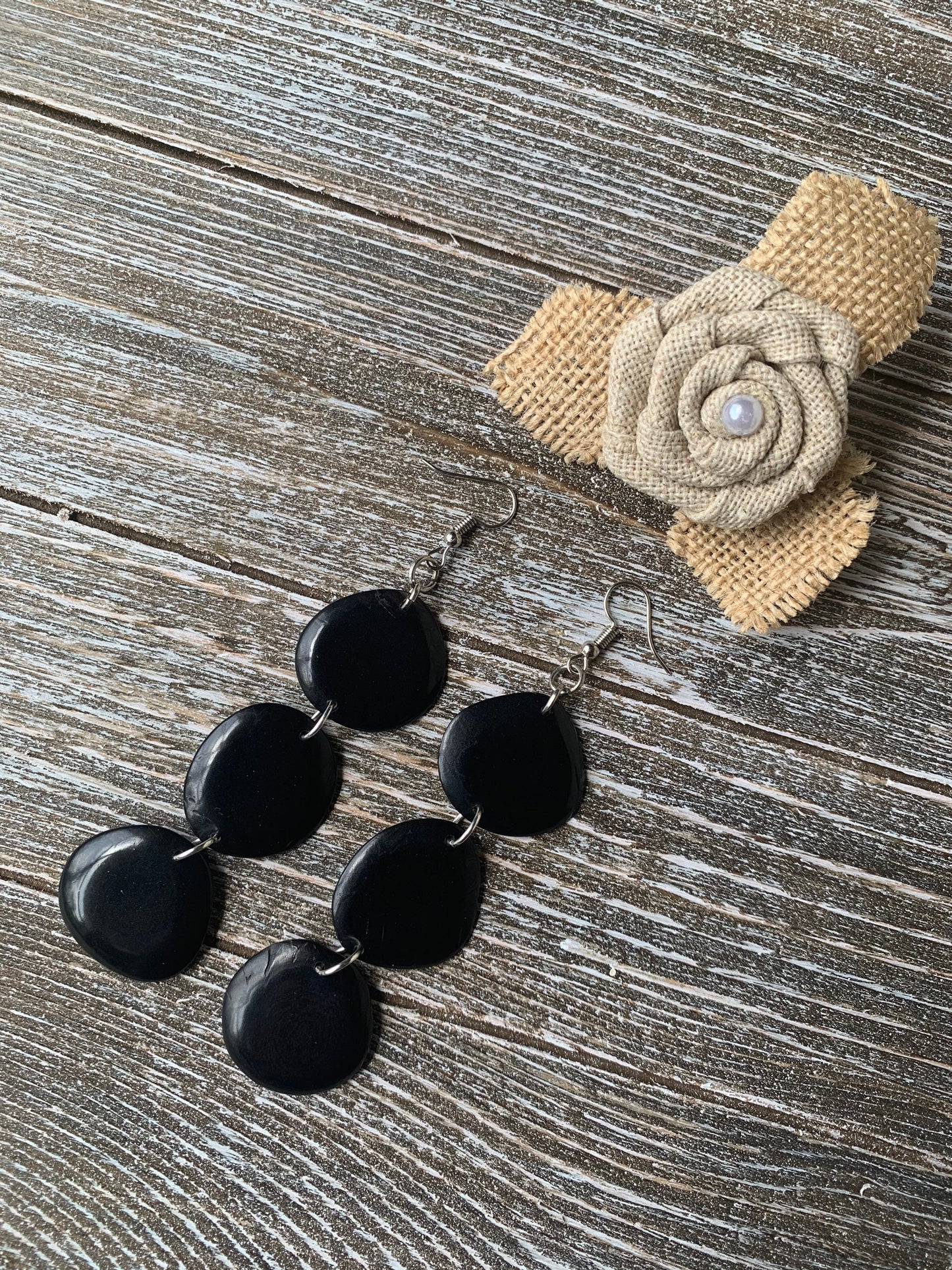 Black extra long statement earrings Tagua earrings beaded Fall fashion Casual trendy drops Boho mod style Artisan handmade Lightweight
