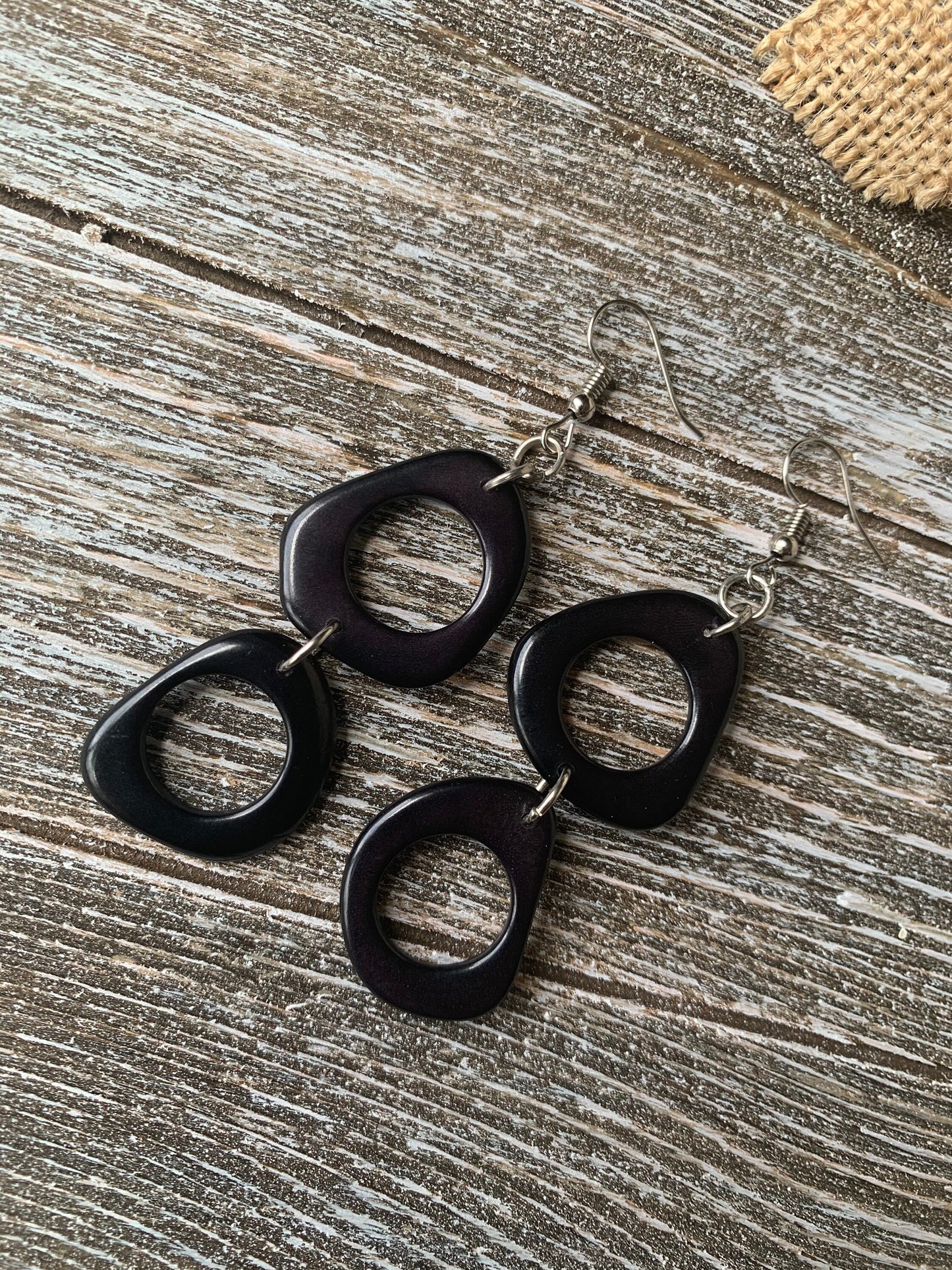 Black extra long dangle earrings Tagua fashion jewelry Statement drops For beach outfit Boho mod hoop Artisan handmade Fall fashion trends