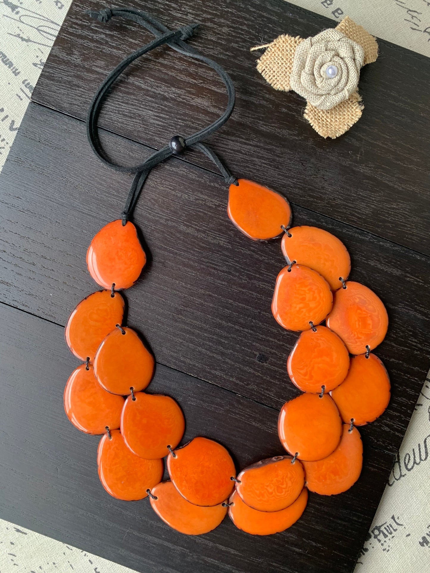 Orange statement necklace Tagua jewelry Double layer bib Big bold chunky necklace Leather collar 2 two strand necklace Wife anniversary gift