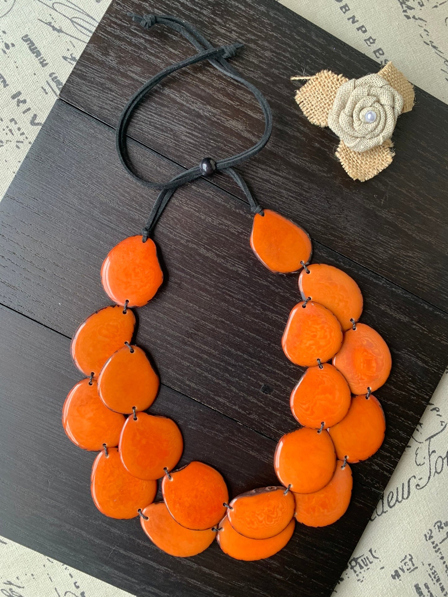Orange statement necklace Tagua jewelry Double layer bib Big bold chunky necklace Leather collar 2 two strand necklace Wife anniversary gift