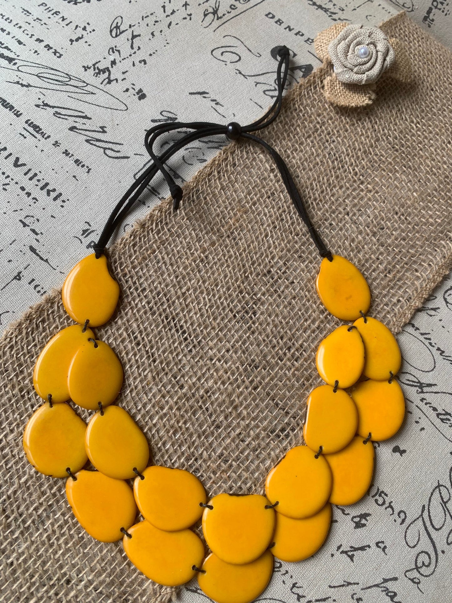 Yellow statement necklace Fall Tagua jewelry Big bold chunky necklace Anniversary gift for wife Double layered collar with leather