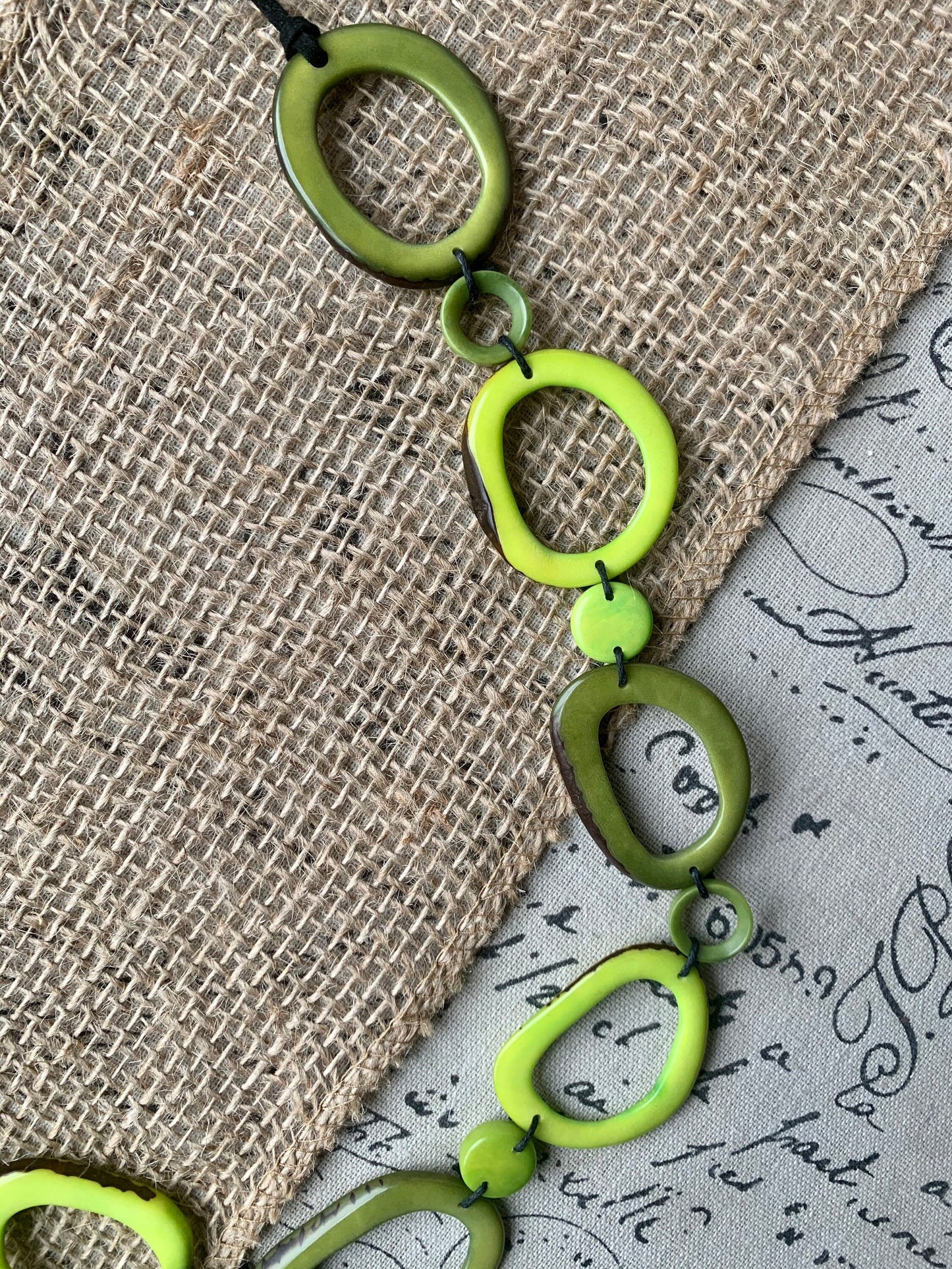 Green Adjustable Tagua nut necklace Anniversary gift for wife Statement geometric jewelry Donut beads Fall fashion trend Christmas gifts