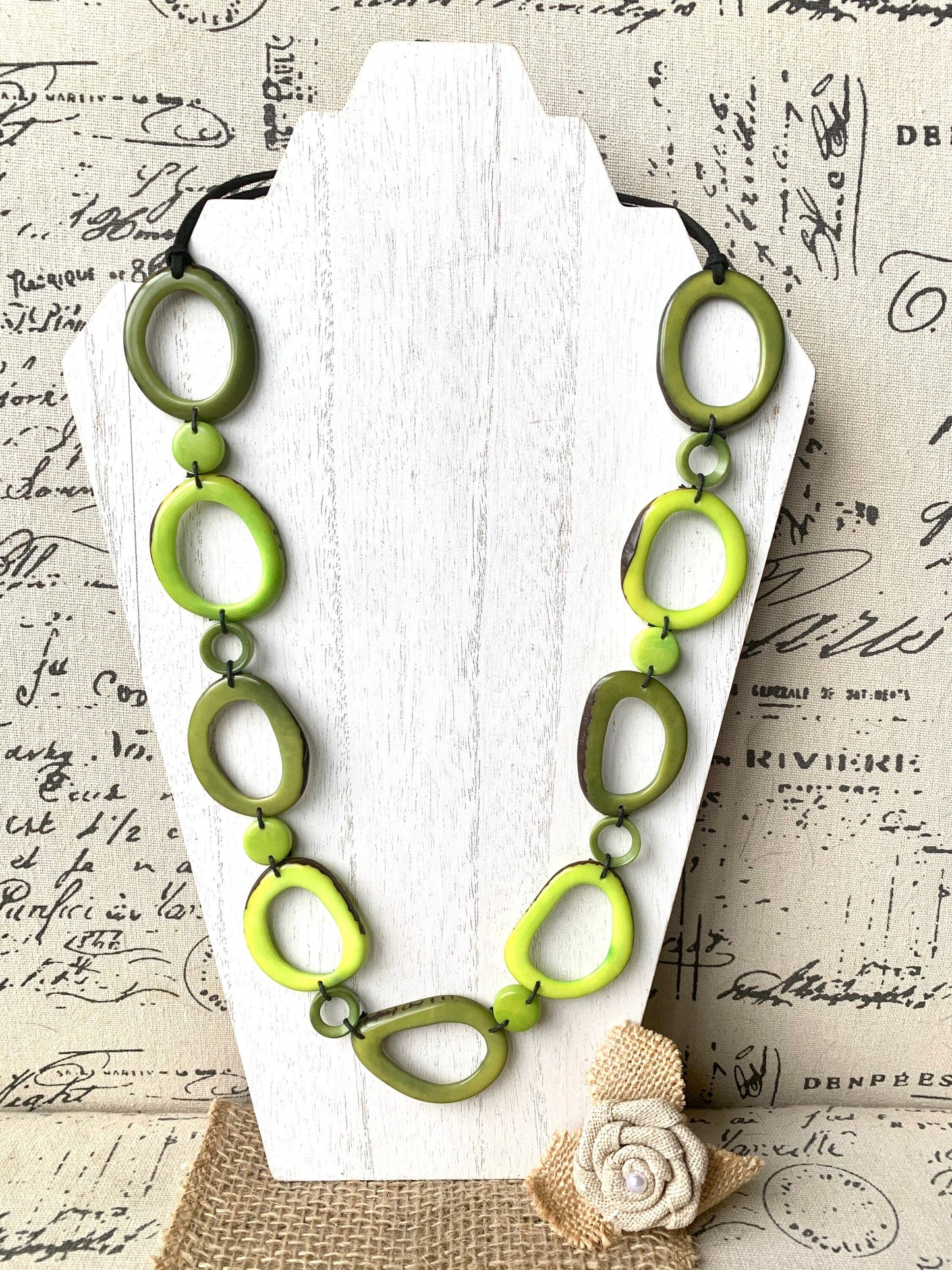 Green Adjustable Tagua nut necklace Anniversary gift for wife Statement geometric jewelry Donut beads Fall fashion trend Christmas gifts
