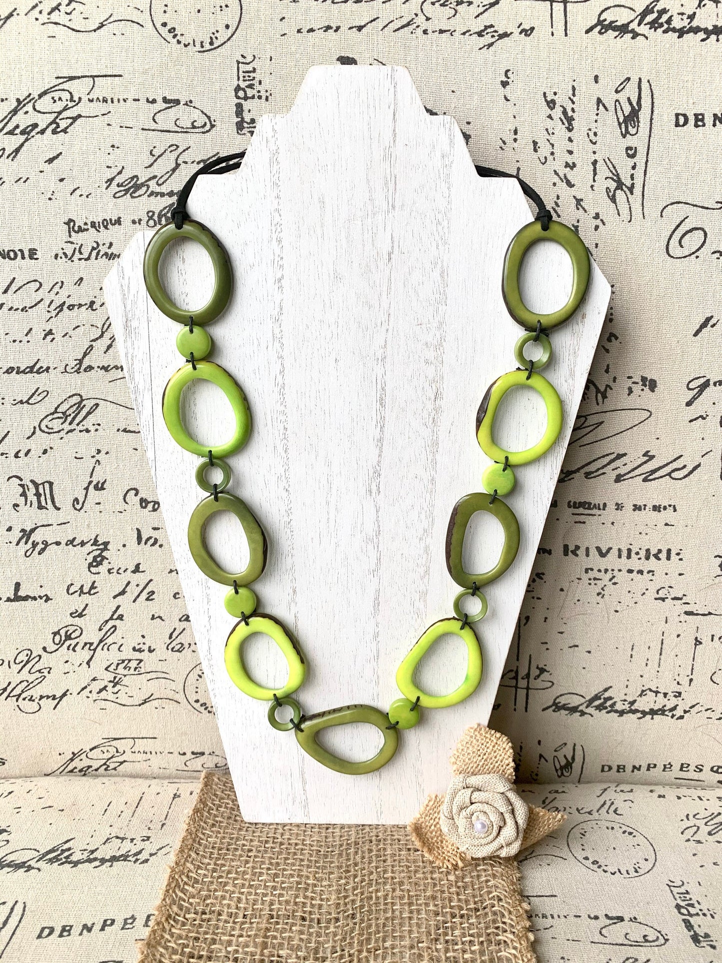 Green Adjustable Tagua nut necklace Anniversary gift for wife Statement geometric jewelry Donut beads Fall fashion trend Christmas gifts