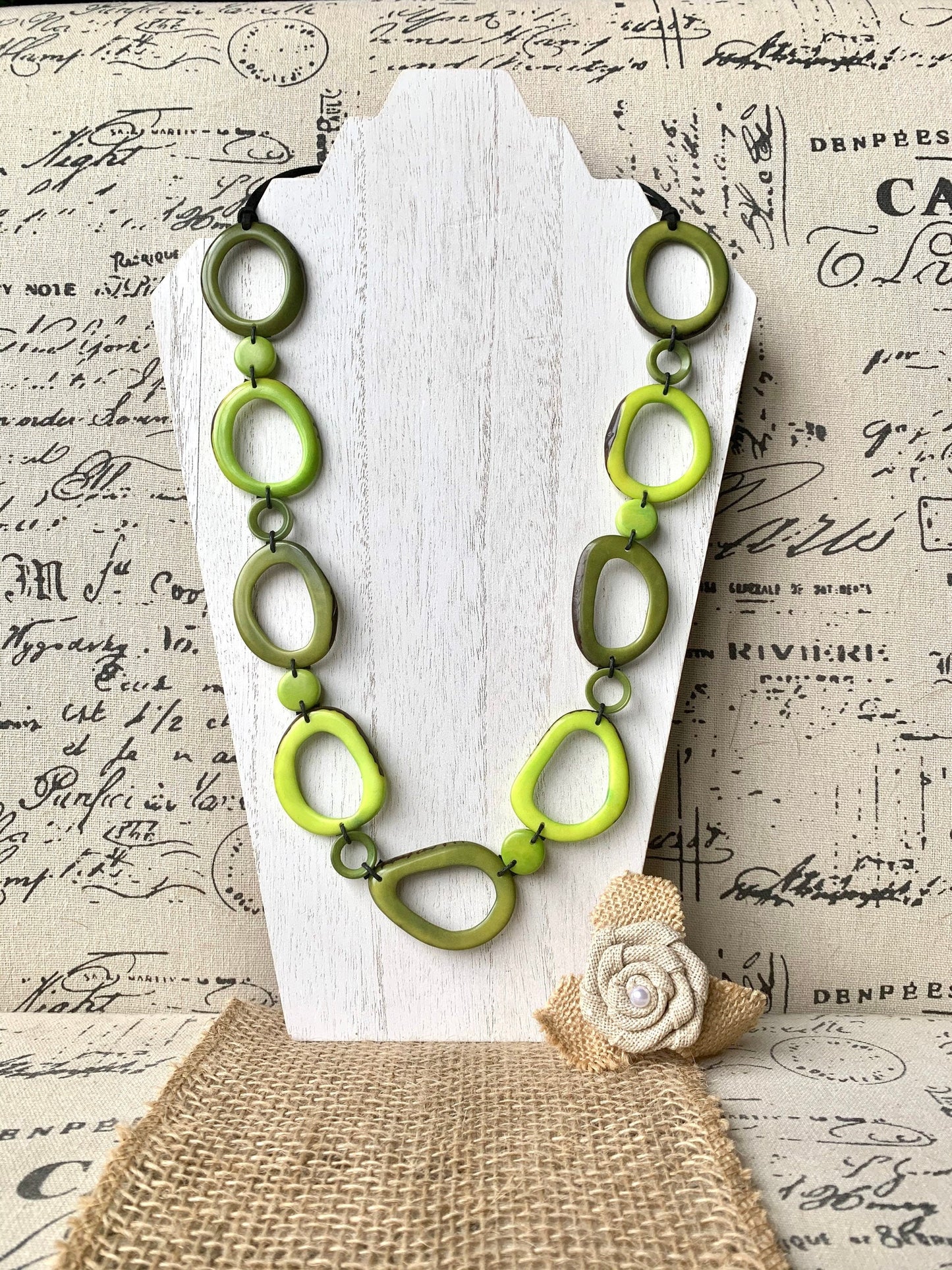 Green Adjustable Tagua nut necklace Anniversary gift for wife Statement geometric jewelry Donut beads Fall fashion trend Christmas gifts