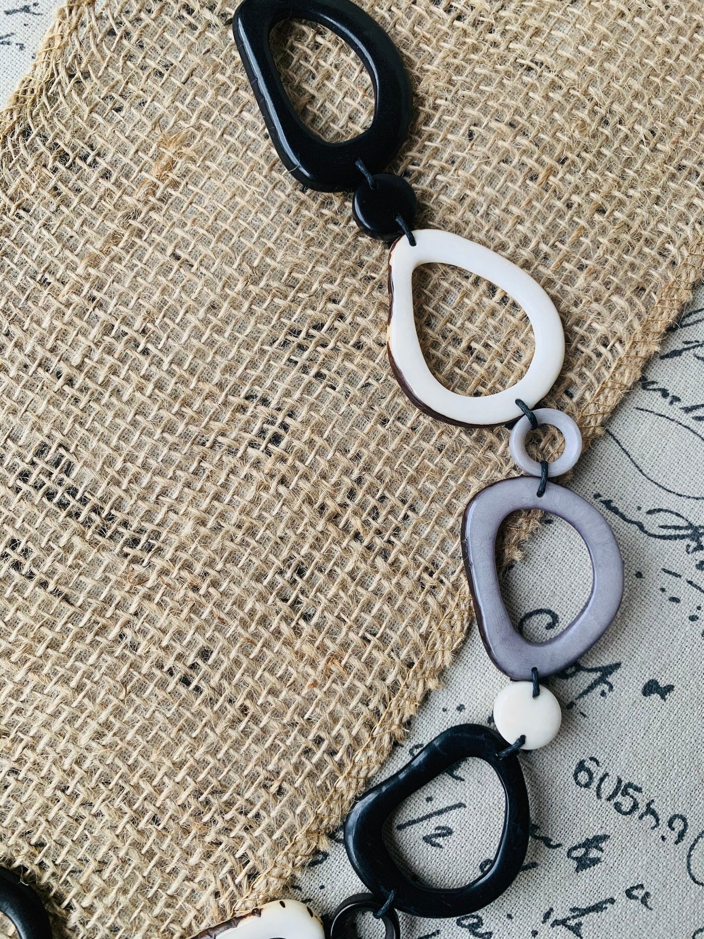 Black white and gray Tagua necklace Anniversary gift for wife Statement geometric jewelry Donut beads Modern adjustable collar Lightweight