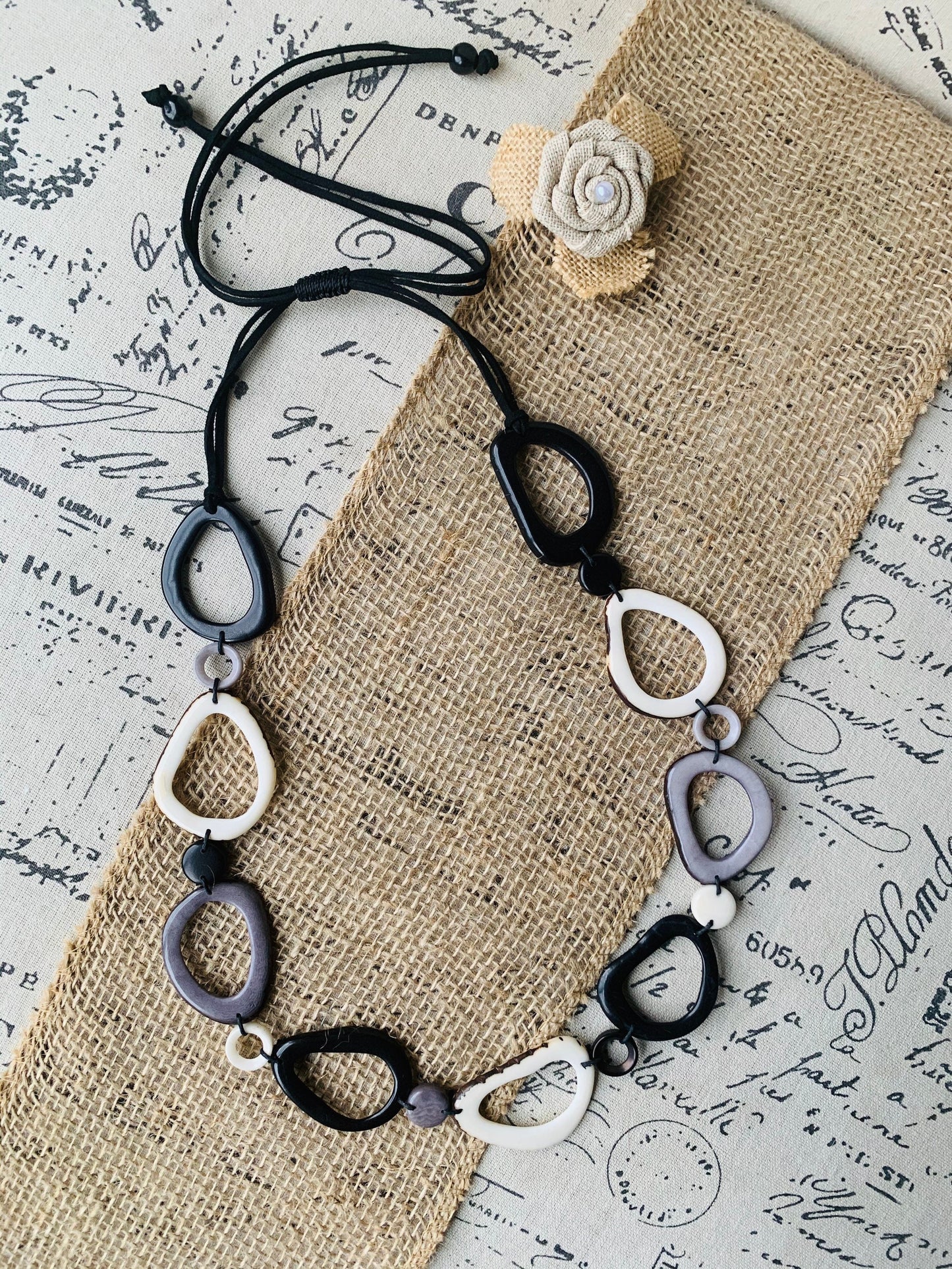 Black white and gray Tagua necklace Anniversary gift for wife Statement geometric jewelry Donut beads Modern adjustable collar Lightweight