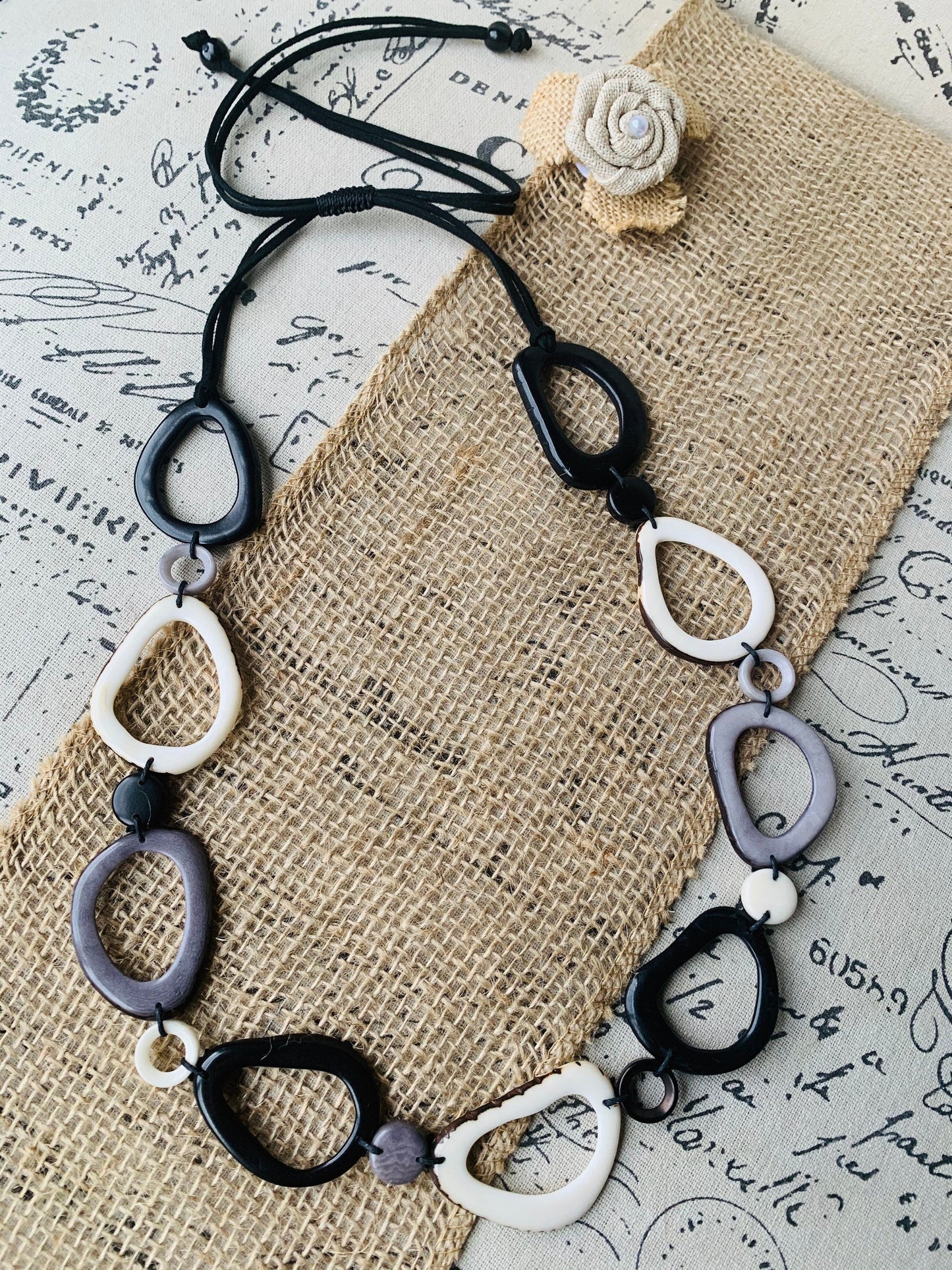 Black white and gray Tagua necklace Anniversary gift for wife Statement geometric jewelry Donut beads Modern adjustable collar Lightweight