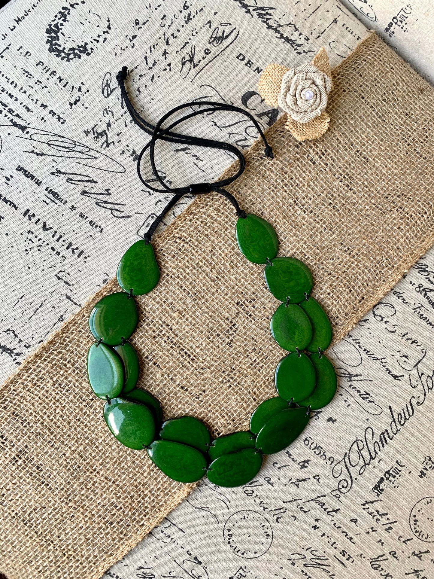 Green statement necklace Tagua nut jewelry Beach fashion Big bold chunky necklace Anniversary gifts for wife Multi layer leather collar