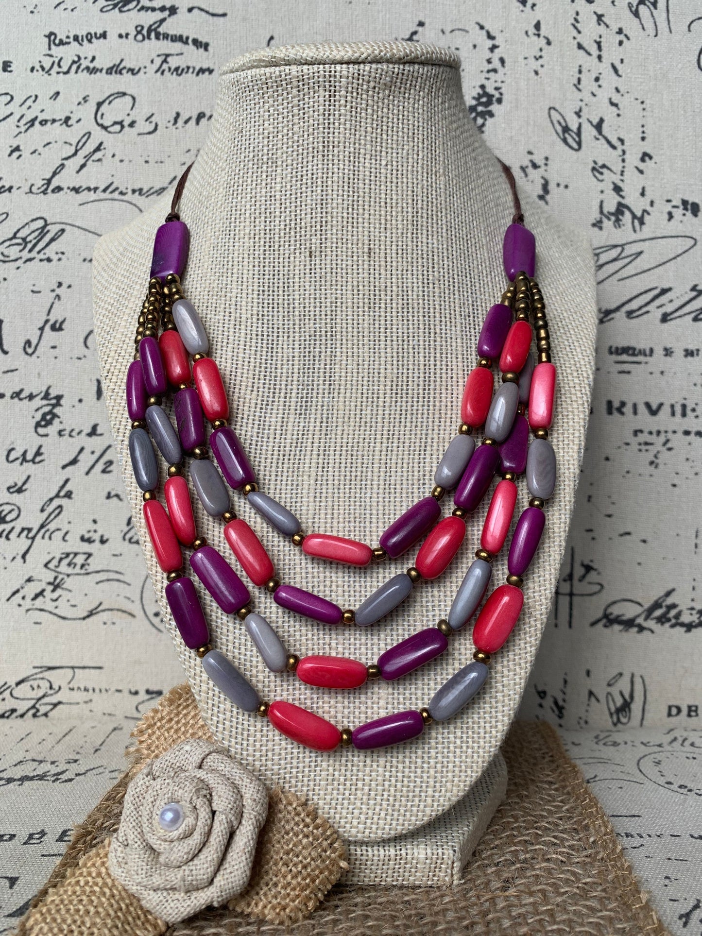 Pink purple and gray Tagua nut necklace 4 Strand necklace Statement beaded collar Anniversary gift for wife Fall fashion Beach style
