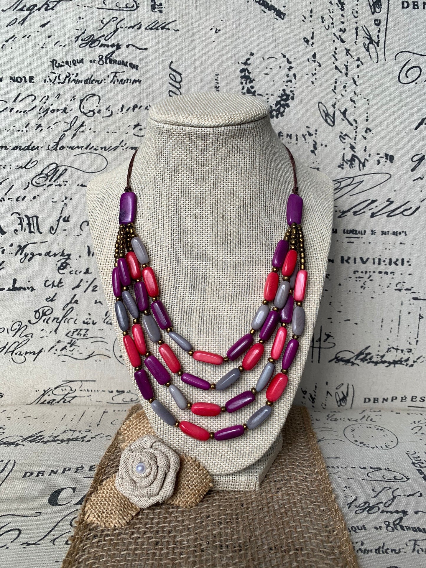 Pink purple and gray Tagua nut necklace 4 Strand necklace Statement beaded collar Anniversary gift for wife Fall fashion Beach style