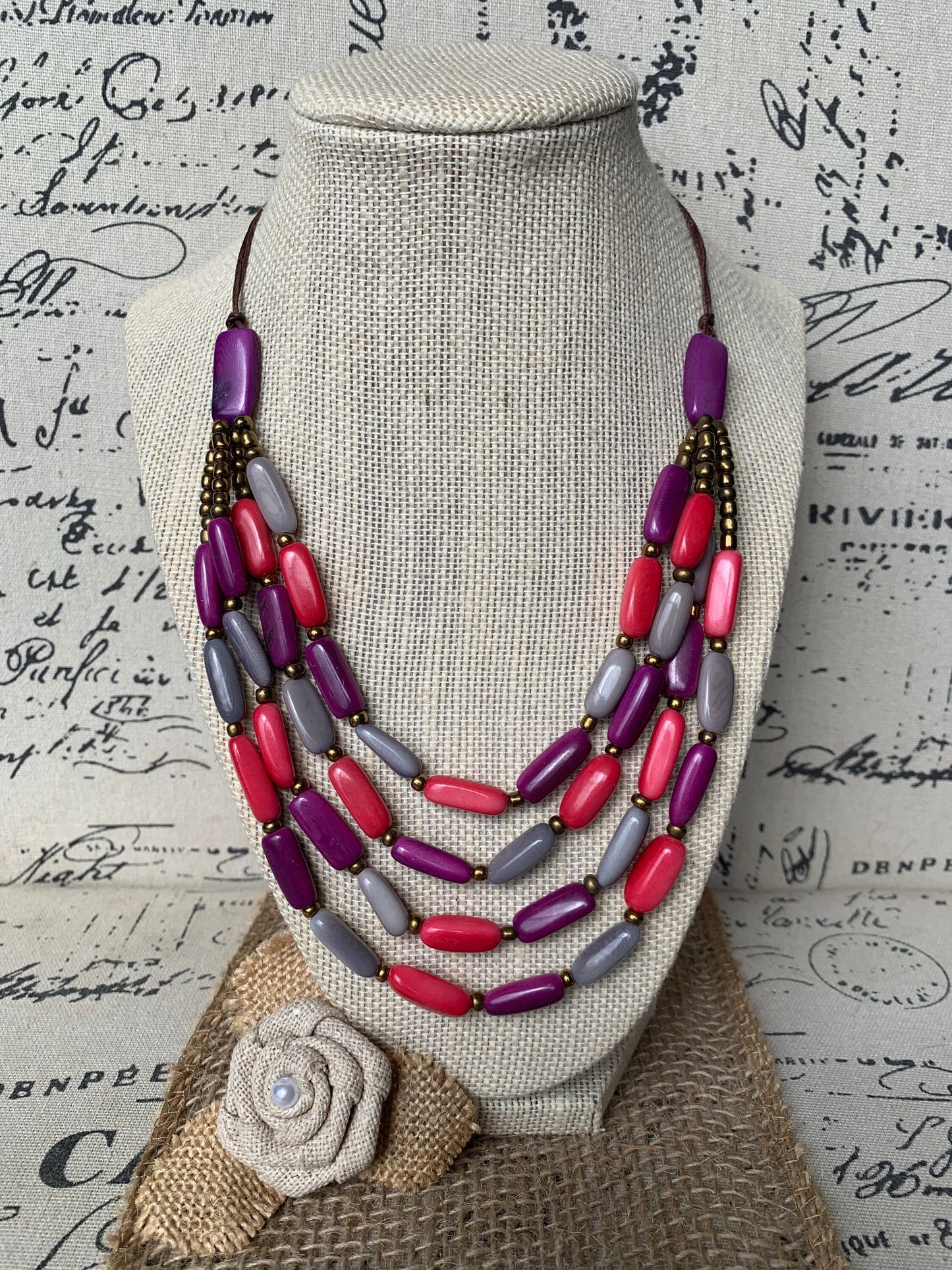 Pink purple and gray Tagua nut necklace 4 Strand necklace Statement beaded collar Anniversary gift for wife Fall fashion Beach style