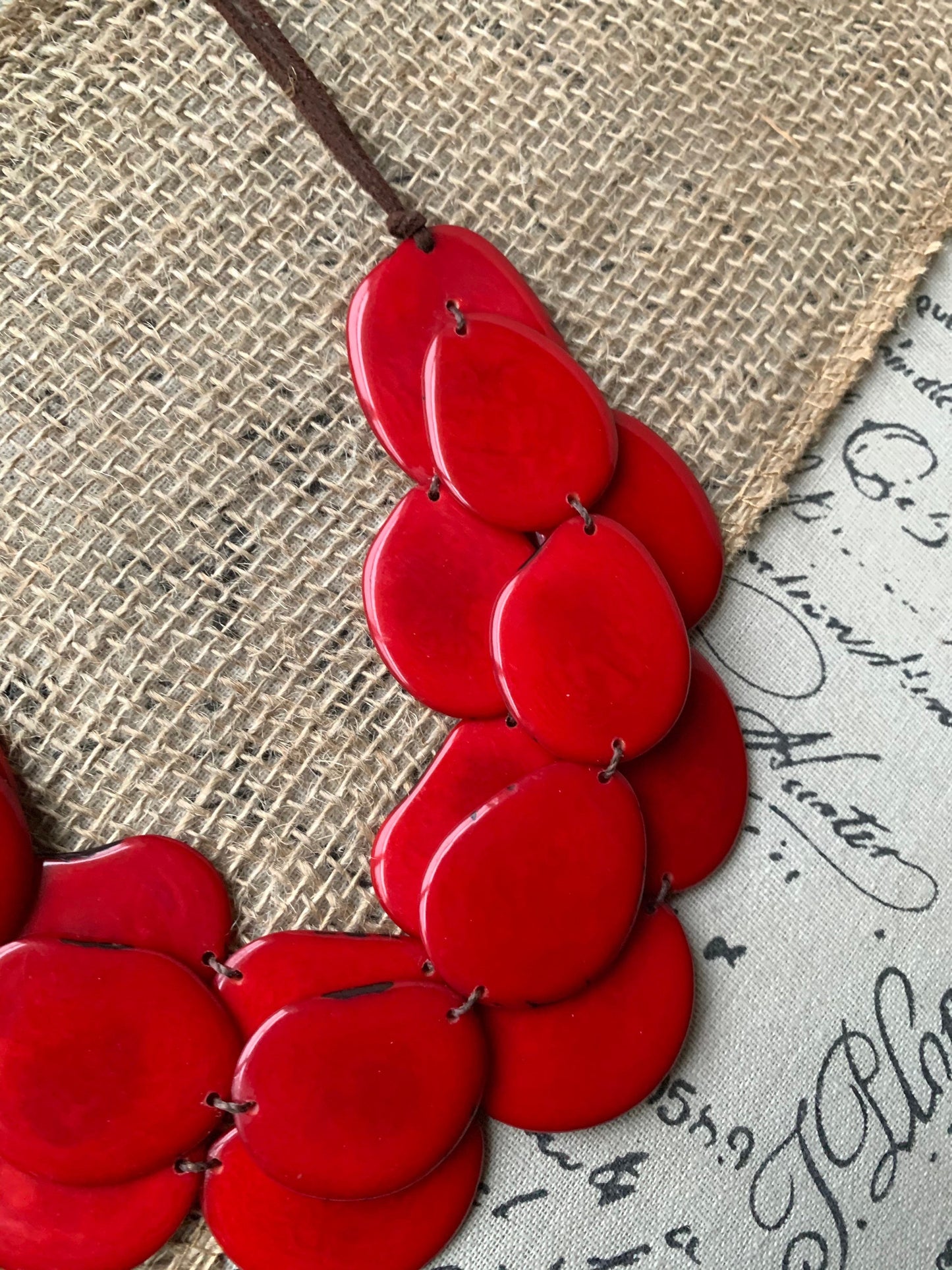 Red triple layer statement necklace Tagua nut jewelry Big bold chunky necklace Triple 3 strands bib collar Anniversary gift ideas for wife
