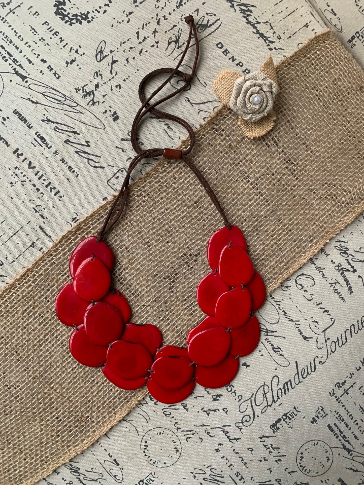 Red triple layer statement necklace Tagua nut jewelry Big bold chunky necklace Triple 3 strands bib collar Anniversary gift ideas for wife
