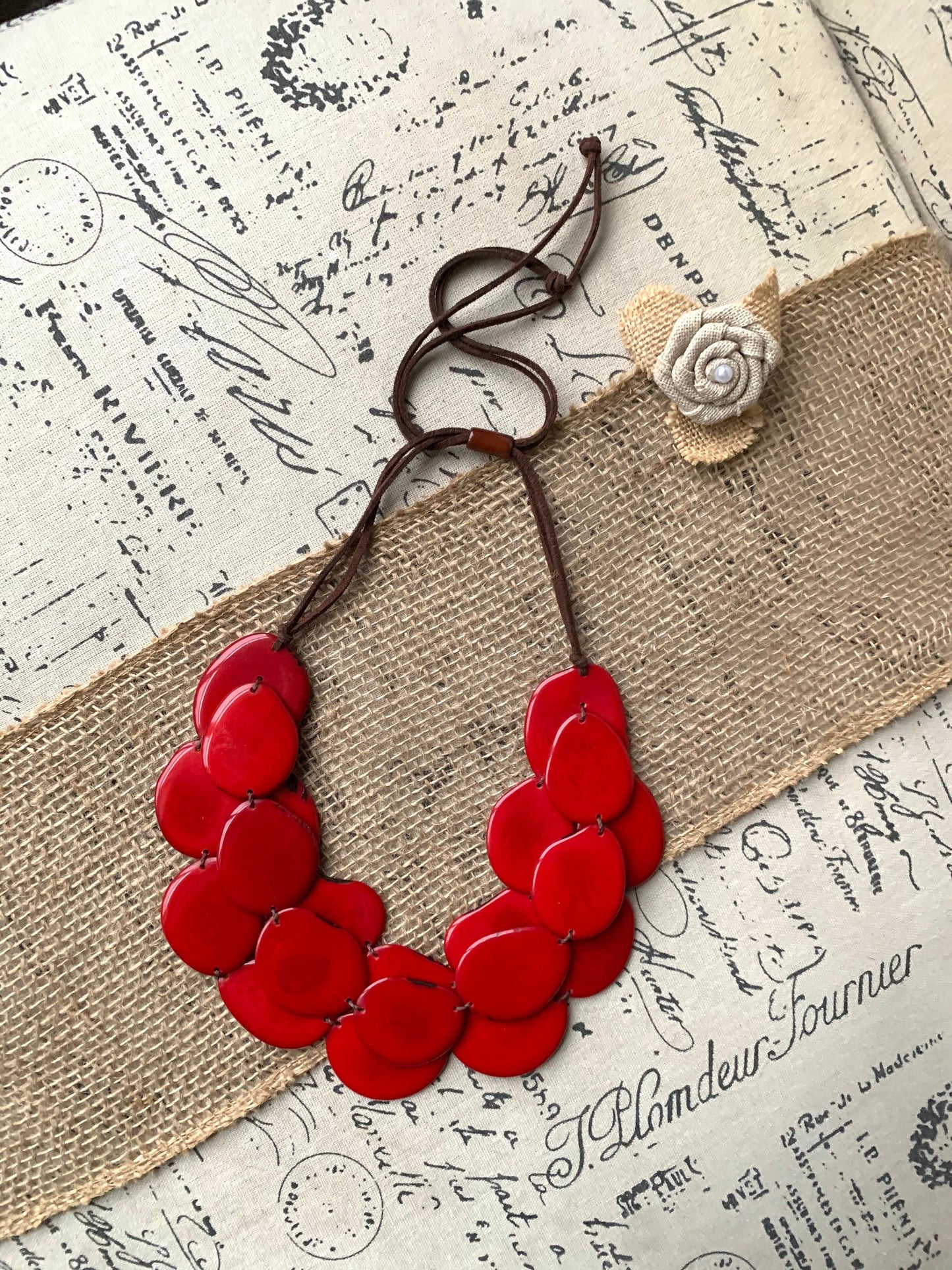 Red triple layer statement necklace Tagua nut jewelry Big bold chunky necklace Triple 3 strands bib collar Anniversary gift ideas for wife