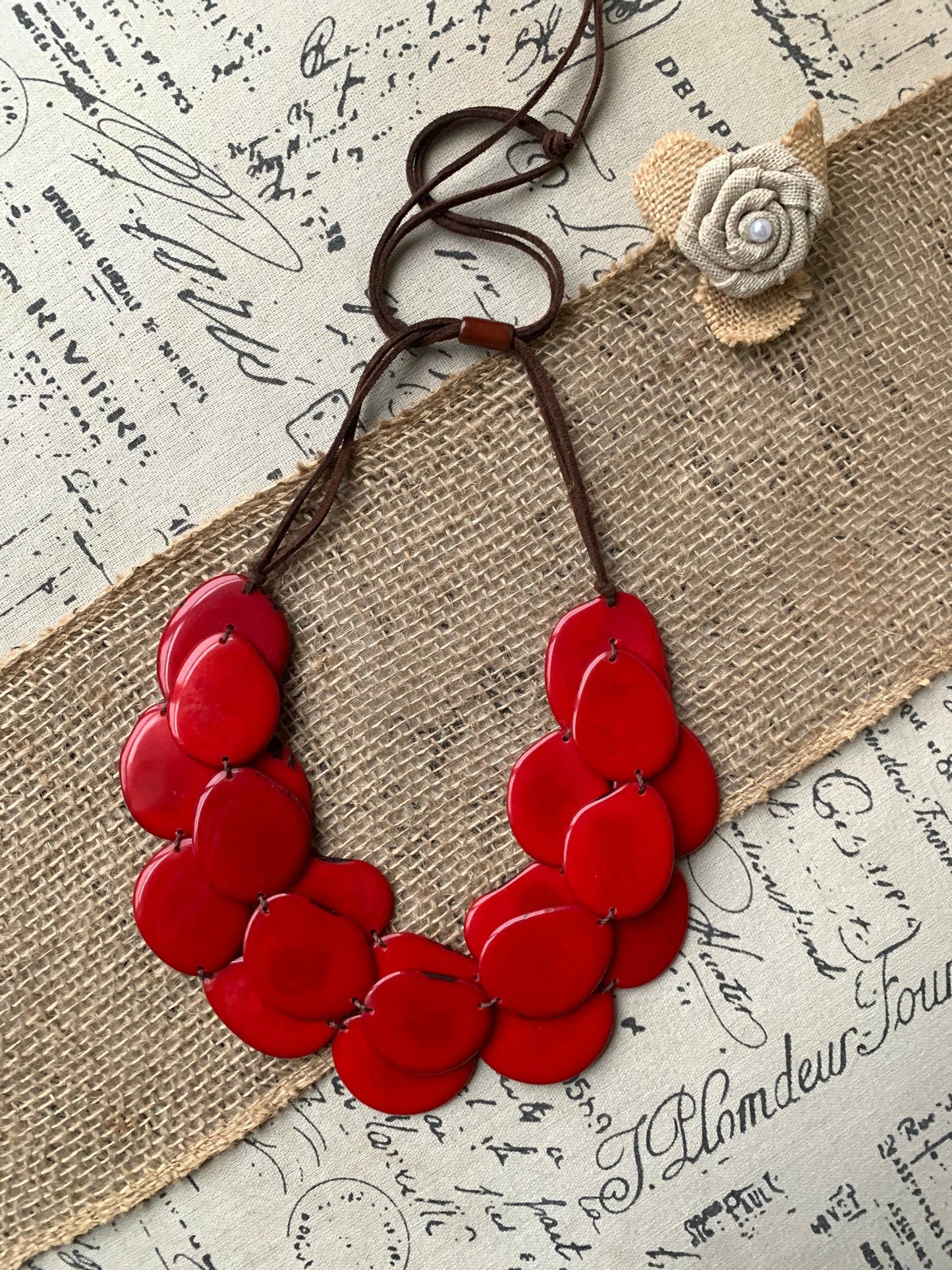 Red triple layer statement necklace Tagua nut jewelry Big bold chunky necklace Triple 3 strands bib collar Anniversary gift ideas for wife