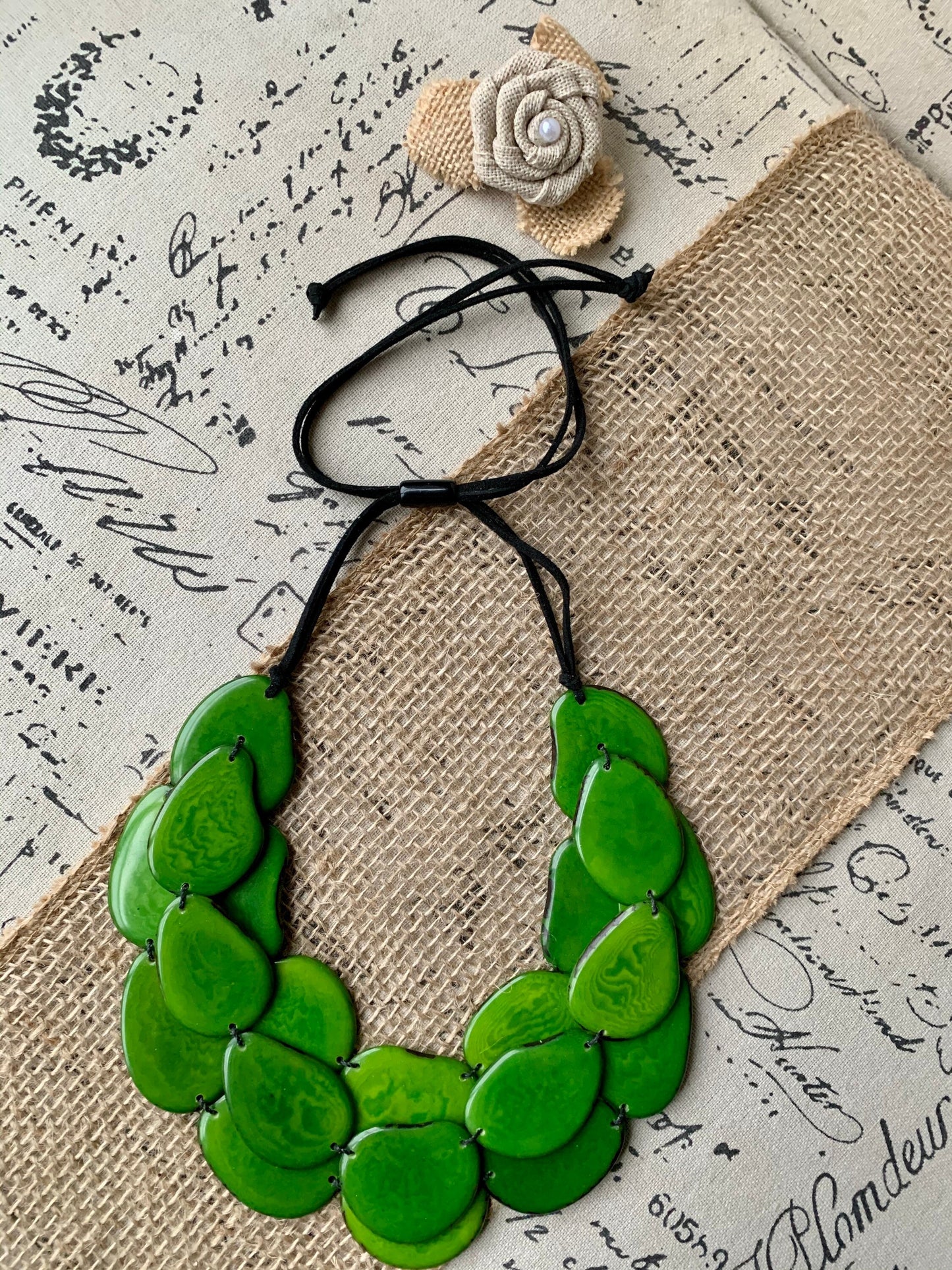 Green multi layer beaded necklace Tagua jewelry Big bold chunky necklace Triple 3 strands bib collar Fall fashion style Christmas gifts