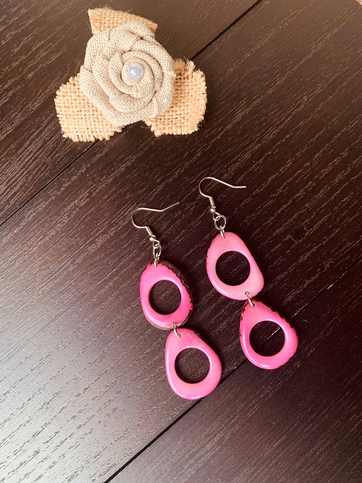 Pink extra long dangle fashion earrings Tagua jewelry Statement drops Boho mod hoops Fall fashion trends Beach style Christmas stockings