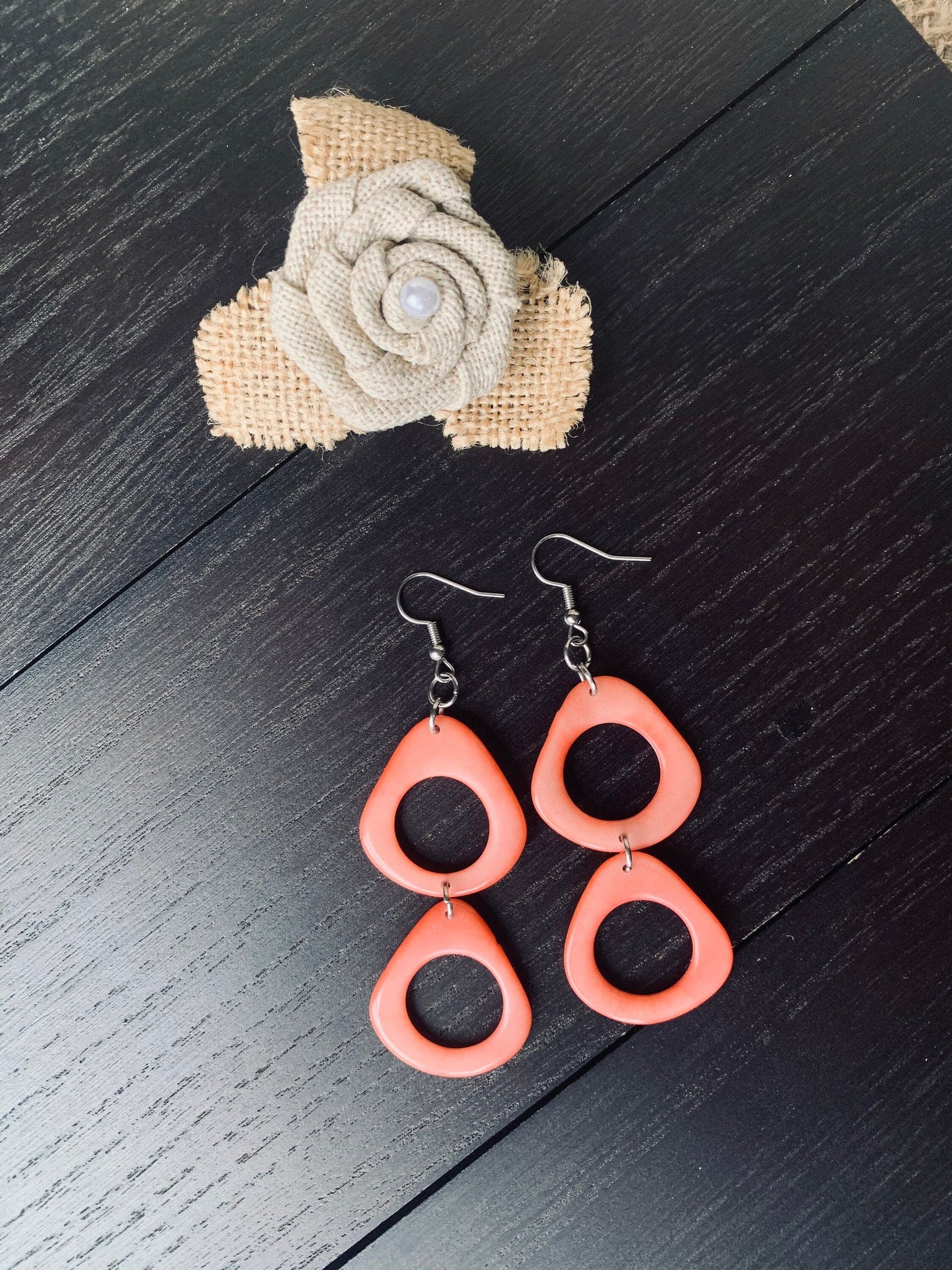 Peach extra long dangle fashion earrings Tagua nut jewelry Statement drops Boho mod hoops Anniversary gifts for wife Summer fashion trends