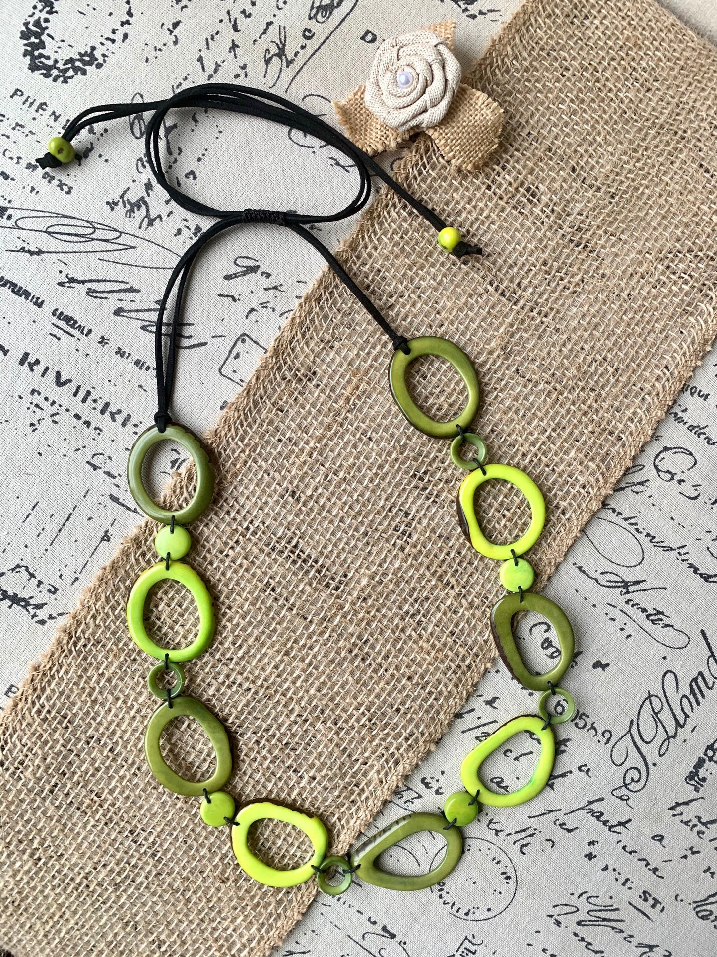 Green Adjustable Tagua nut necklace Anniversary gift for wife Statement geometric jewelry Donut beads Fall fashion trend Christmas gifts