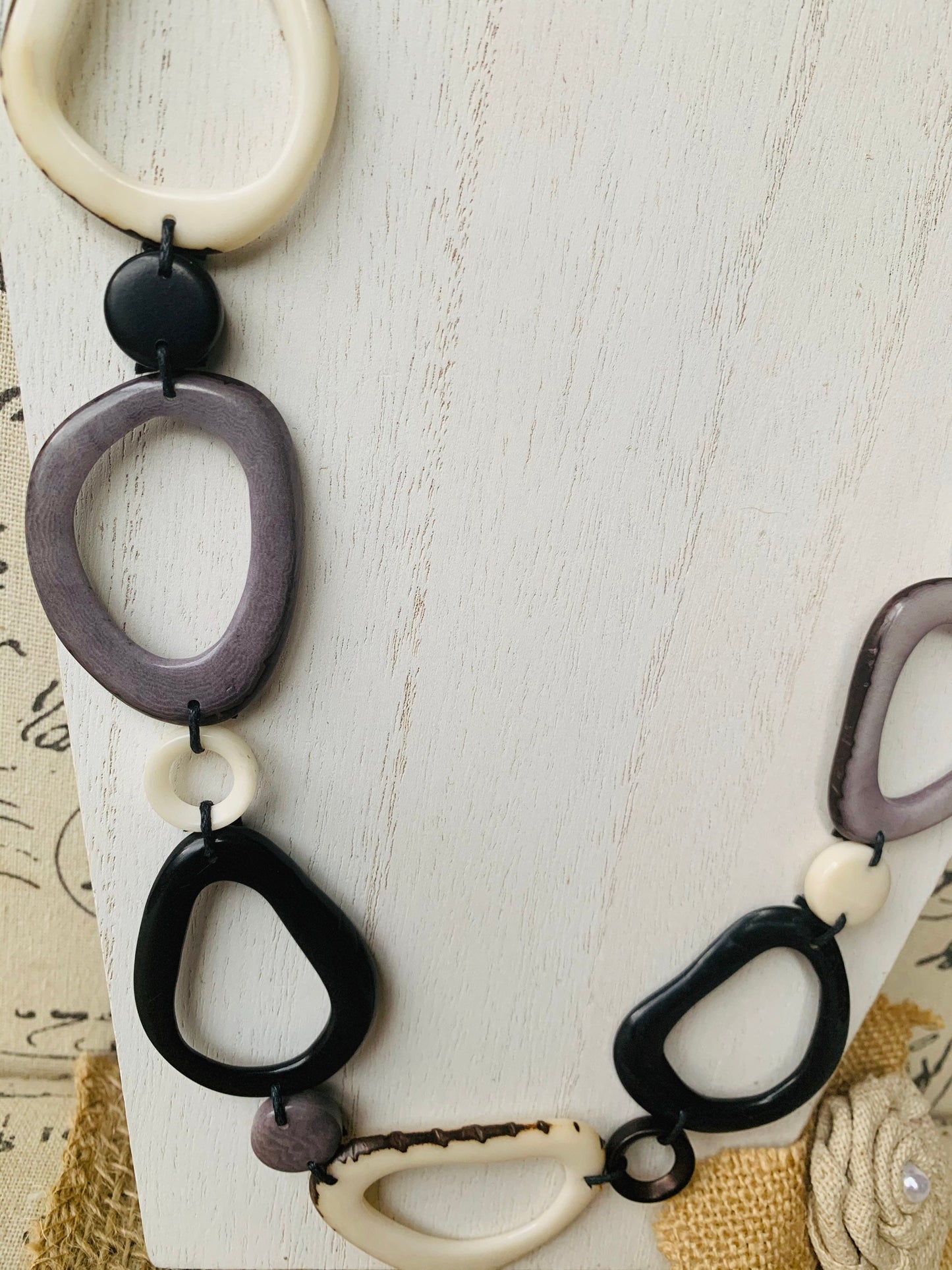 Black white and gray Tagua necklace Anniversary gift for wife Statement geometric jewelry Donut beads Modern adjustable collar Lightweight