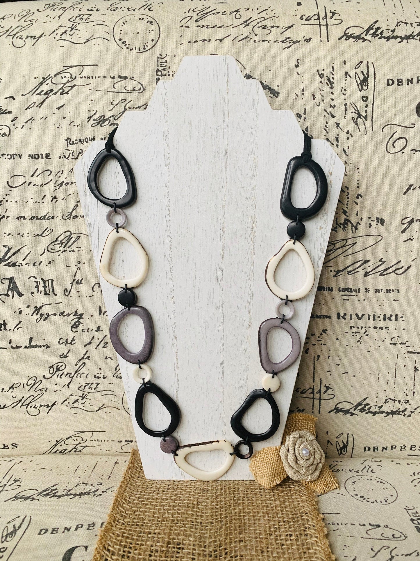 Black white and gray Tagua necklace Anniversary gift for wife Statement geometric jewelry Donut beads Modern adjustable collar Lightweight